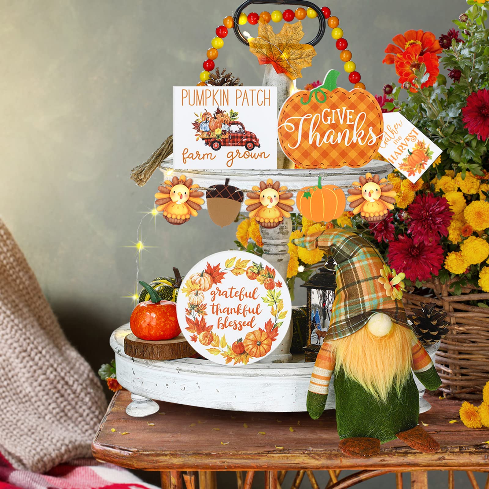 Bucherry 14 Pieces Fall Thanksgiving Tiered Tray Decor Wooden Signs Gnomes Plush Fall Tabletop Signs Pumpkin Tiered Tray Decoration Farmhouse Rustic for Autumn Decor(Gnome Style)