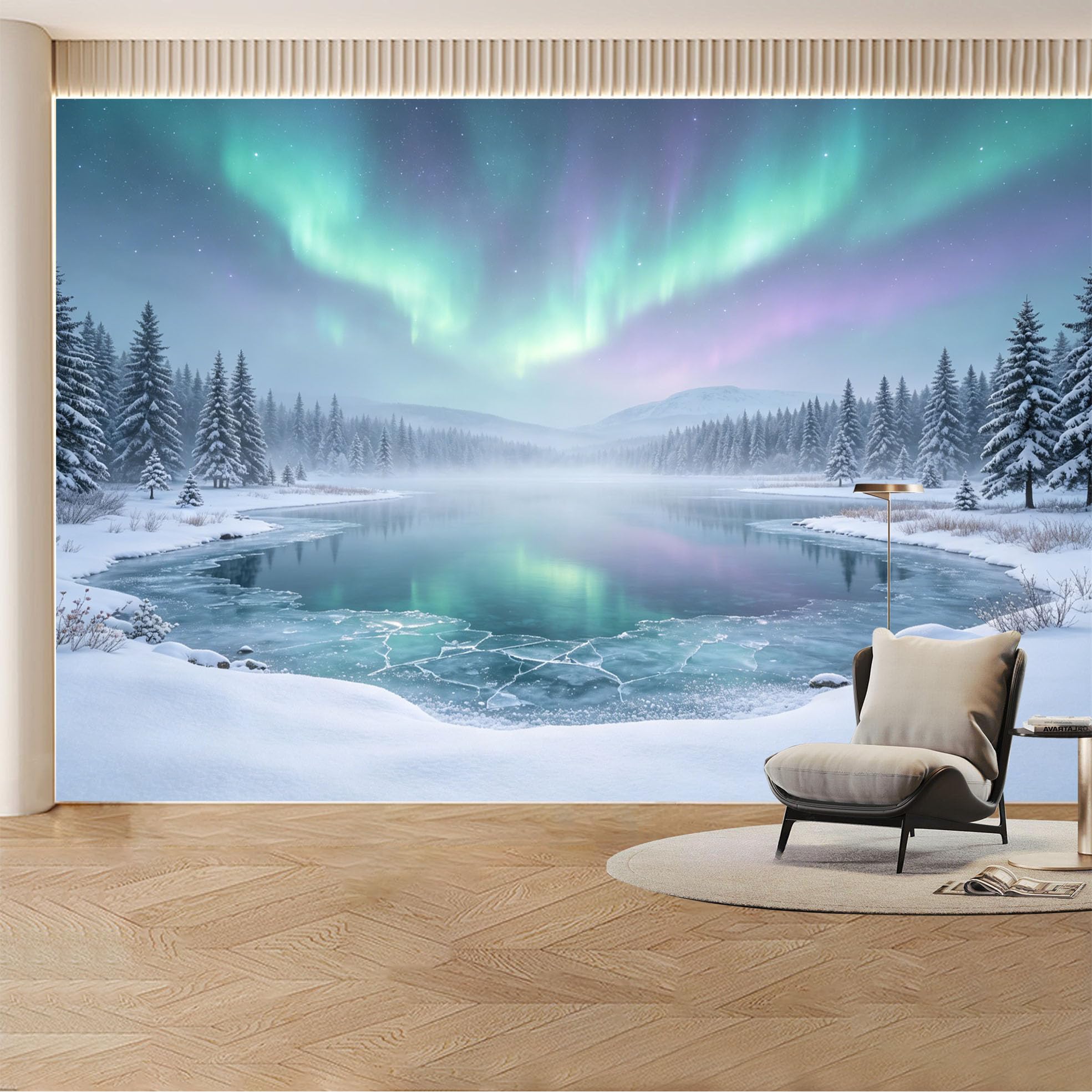 Custom Wall Mural Wallpaper Northern Lights Snowy Forest Lake Landscape 3D Effect Wall Decor Large Wall Art Misty Winter for Living Room， Bedroom， Office