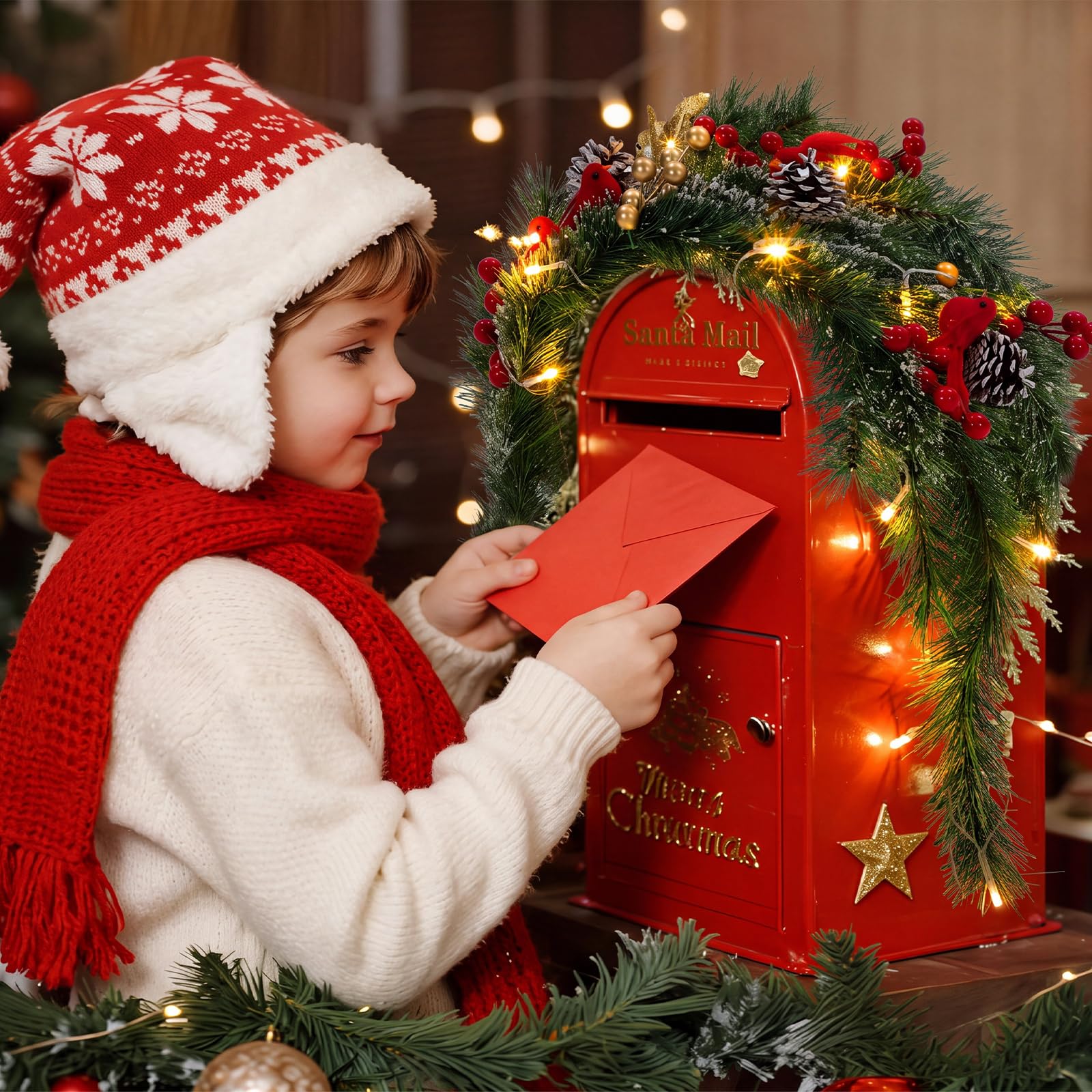 Fumete Guirlande de boîtes aux lettres de Noël avec lumières - 91,4 cm - Rouge - Guirlande avec minuterie pour porche, maison, extérieur, entrée, décorations de vacances
