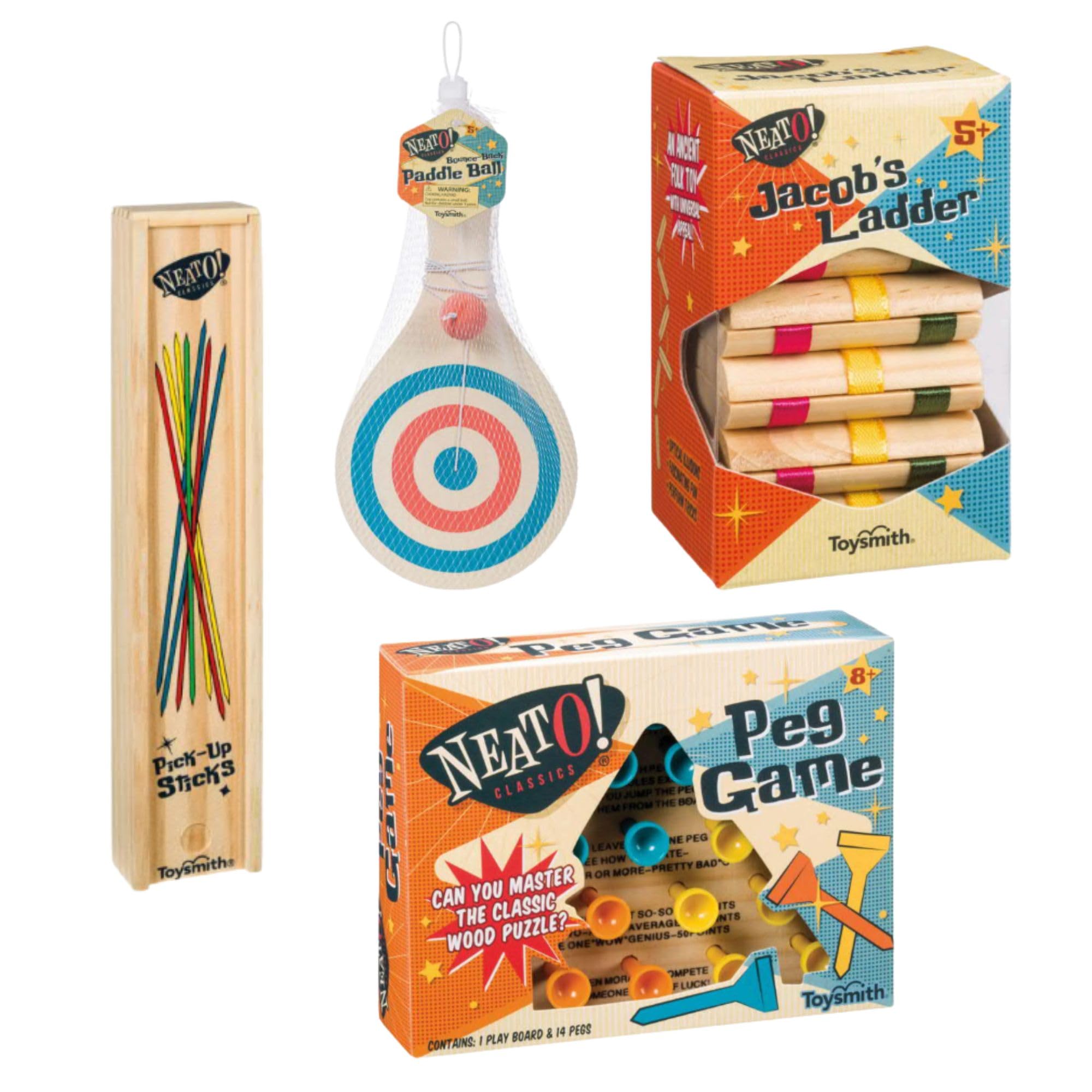 Neato Wood Toys Bundle – Includes Classic Wooden Peg Game, Jacob's Ladder Puzzle, Pick-Up Sticks, and Bounce-Back Paddle Ball – Fun Retro Games for