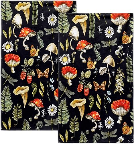 FNLNDO Juego de 2 paños de cocina con diseño de hongos, suaves y absorbentes, toallas de mano, color negro, decoración de hongos y hojas vintage