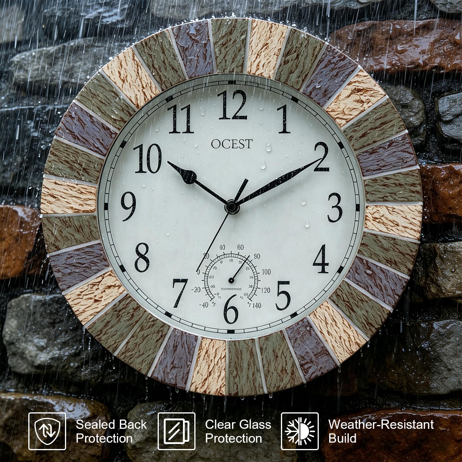 OCEST Reloj de 13 pulgadas para interiores y exteriores, impermeable, con termómetro, resistente a la intemperie, funciona con pilas, reloj decorativo para patio, piscina, porche, jardín (gris retro)