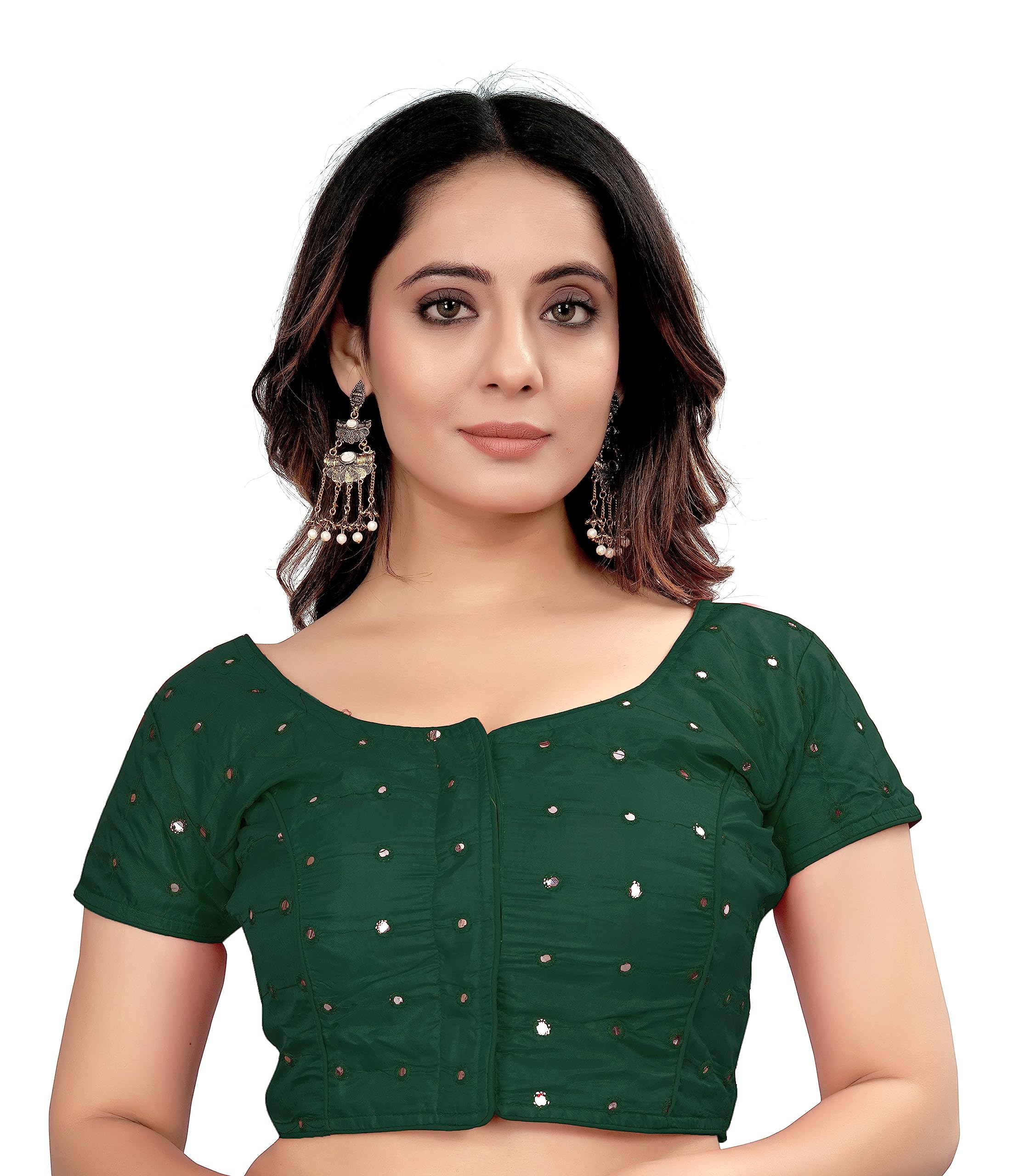 Pujia Mills Women's Silk Foil Mirror Short Sleeve Readymade Fancy Blouse(Foil Mirror Green_38)