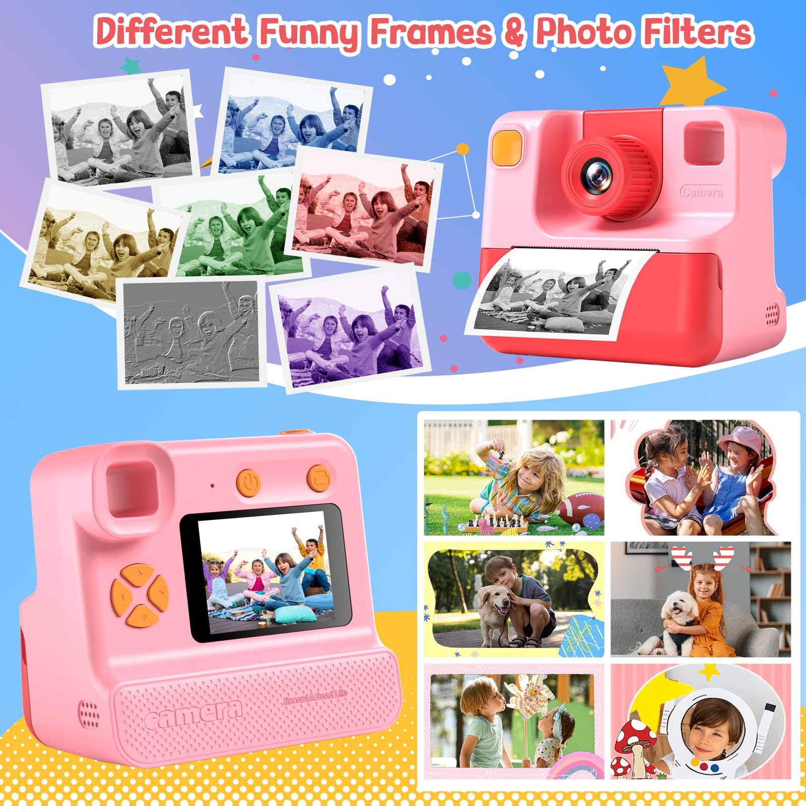 GREENKINDER Macchina Fotografica Bambini Istantanea, 1080P Macchina Fotografica Bambini con Lente 180° Flip, Scheda 32GB & Carta da Stampa, Regali di Natale Compleanno per 3-12 Ragazze Ragazzi