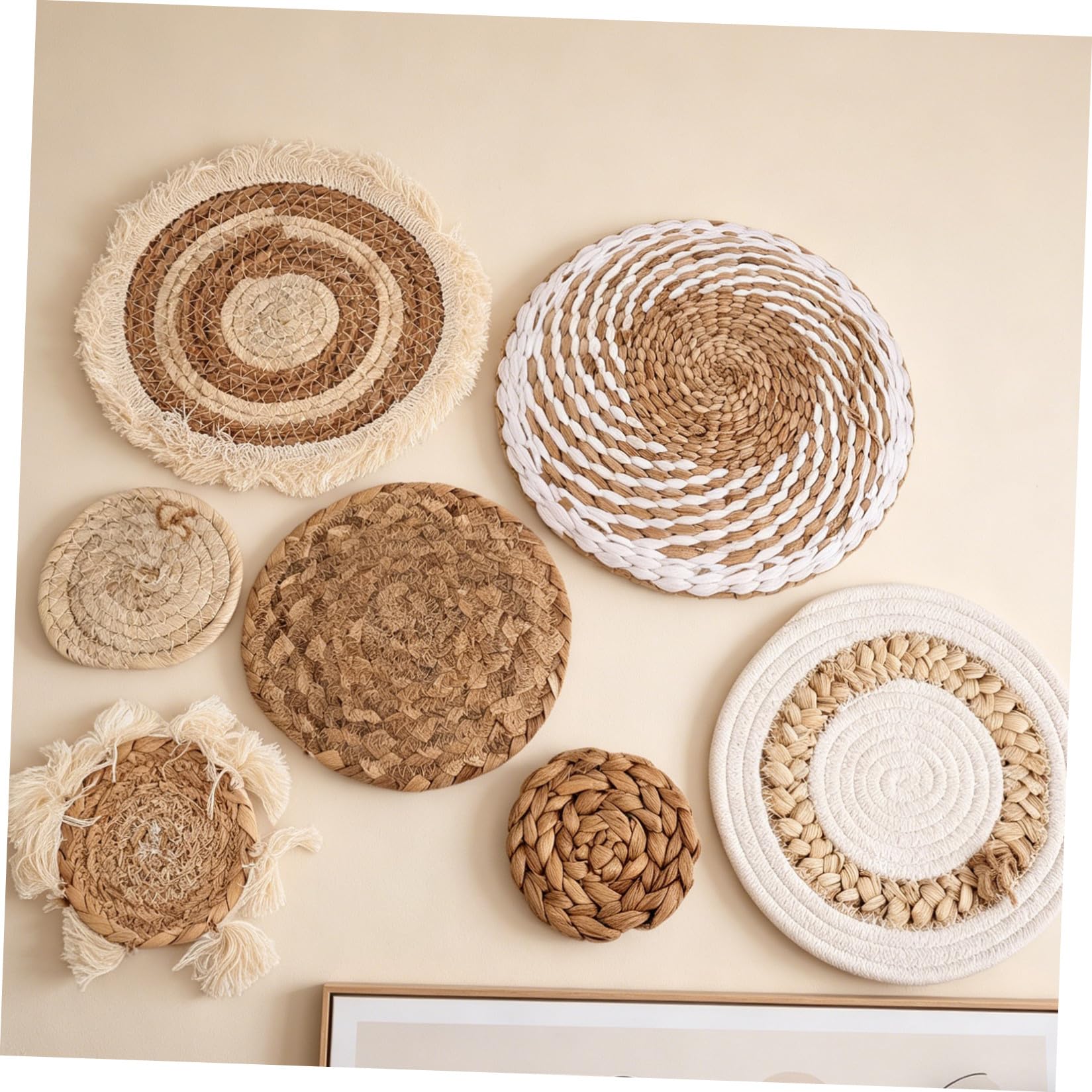 Decoración de Pared y Fácil de Colgar Bohemia Conjunto de 7 Piezas Hecha a Mano en Ratán Beige, Redonda Estilo Rústico y Moderno para Dormitorio