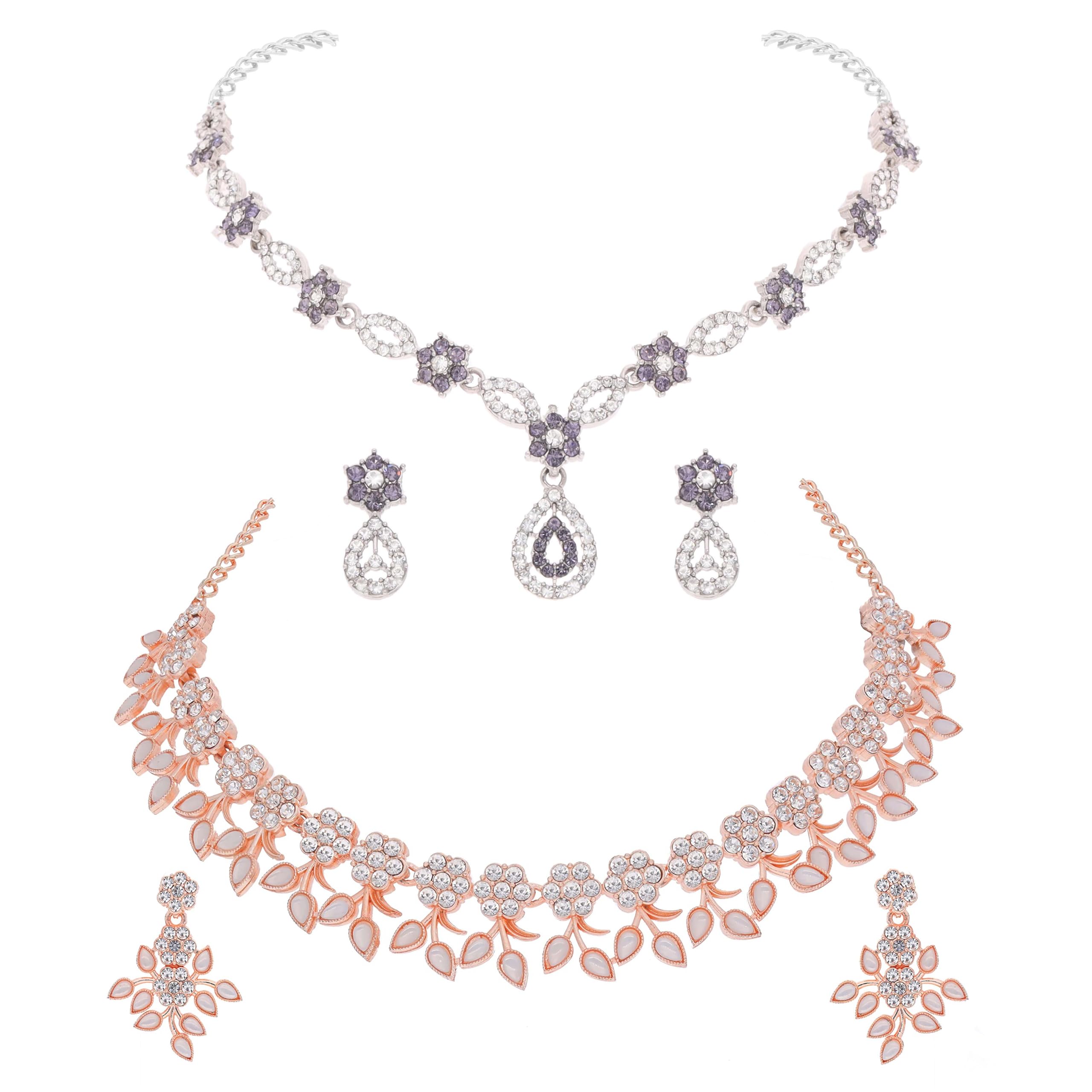 Brado Jewellery Rose Gold & Silver Plated Handcrafted AD Stone Studded Choker Necklace Jewellery Combo set with Beautiful Earring for Women and Girls - Perfect Jewellery Collection (White & Lavender) (B0D8BSQJZ5) Amazon Price History, Amazon Price Tracker