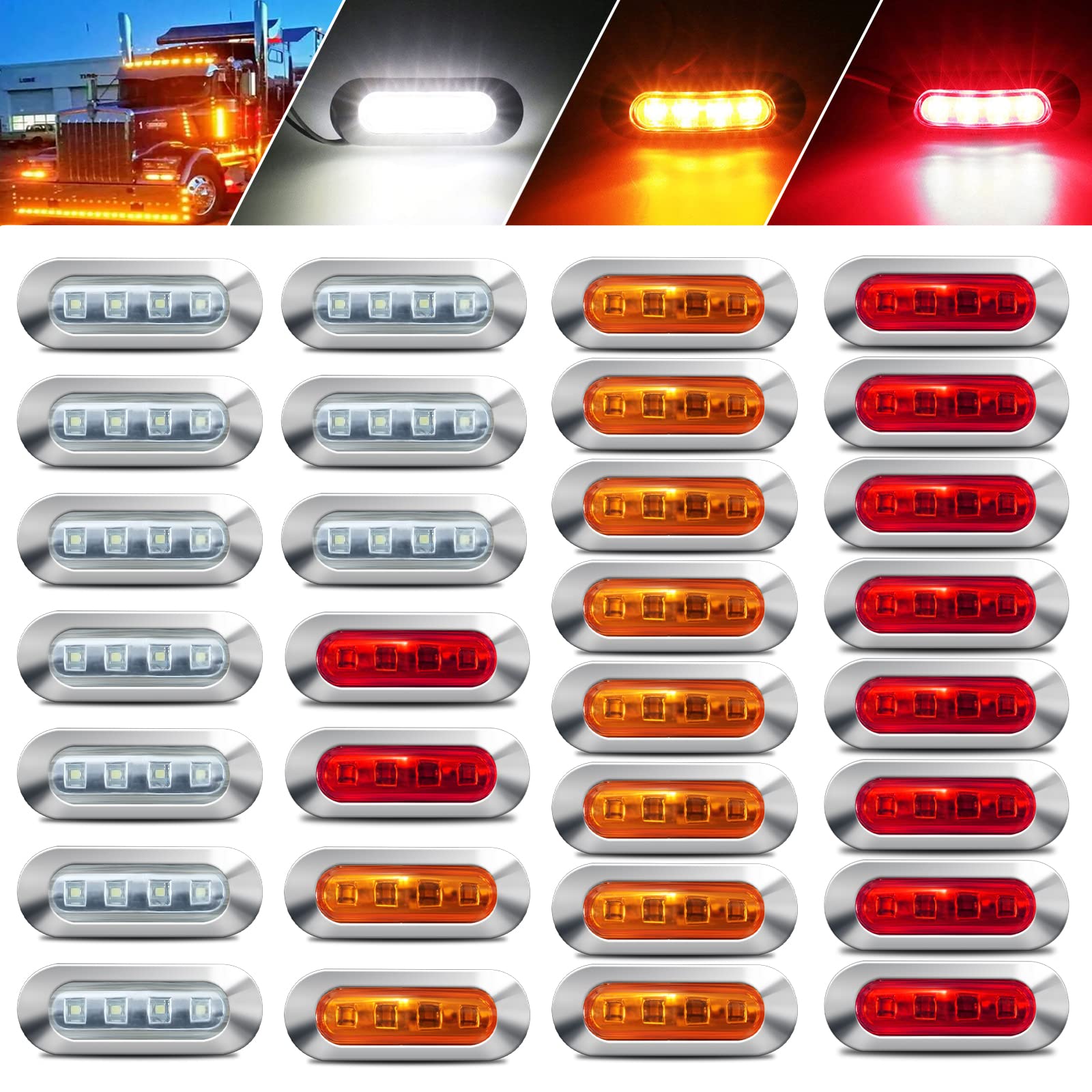 ALFU 30PCS 12-24V 4 LED Side Marker Indicator Lights Front Rear Tail Clearance Lamp for Trailer Truck Boat Deck RV Camper - Amber/White/Red With Chrome Bezel