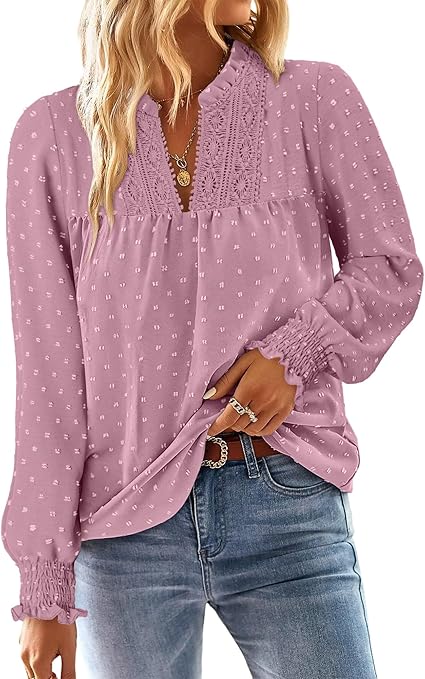 BETTE BOUTIK Women Boho Long Sleeve Shirts Dressy Casual V Neck Fall Fashion Tops Swiss Dot Flowy Blouses