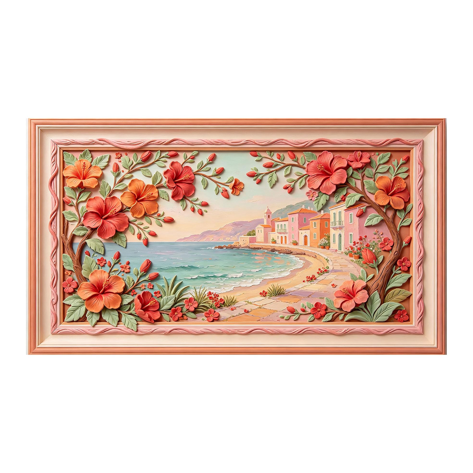 Murasolite 3D Framed Wall Art Mediterranean Coastal Village Floral Relief Oil Painting SelfAdhesive Fabric Mural Wall Decor,No Damage to Wall,AntiFall Safe Design for Bedroom Living Room