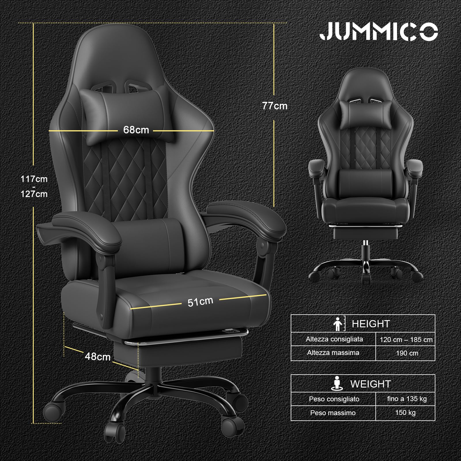 JUMMICO Sedia da Gaming Massaggiante con Poggiapiedi Telescopico, Sedia Gamer con Cuscino Lombare & Poggiatesta, Ergonomica Sedia da Ufficio Schienale Regolabile, Portata 150 kg (Nero)