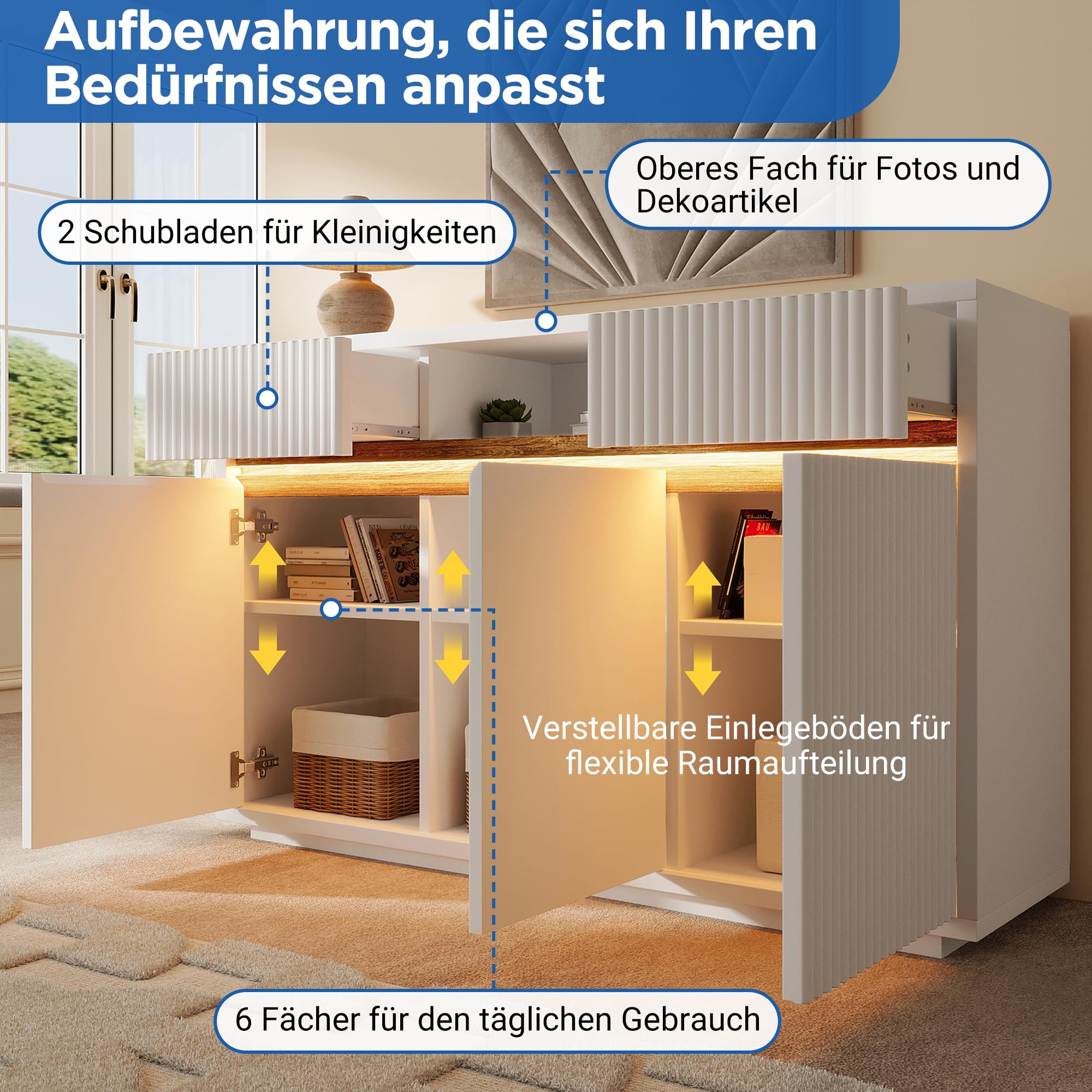 Generisch Kredens biały LED 140 x 40 x 85 cm z 2 szufladami, 3 drzwi