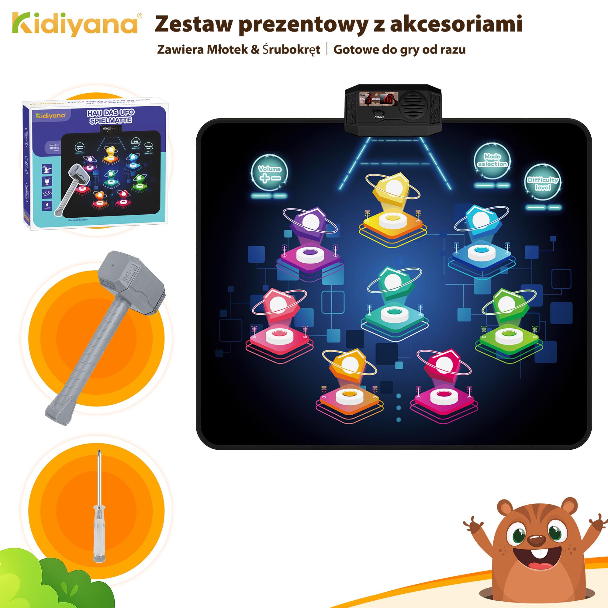 Mata do zabawy, elektroniczna gra z młotem dla dzieci i dorosłych, gra reakcyjna z 8 trybami gry i 24 poziomami, gra pukania, gra w pukanie od 3 lat, z muzyką i światłem, UFO