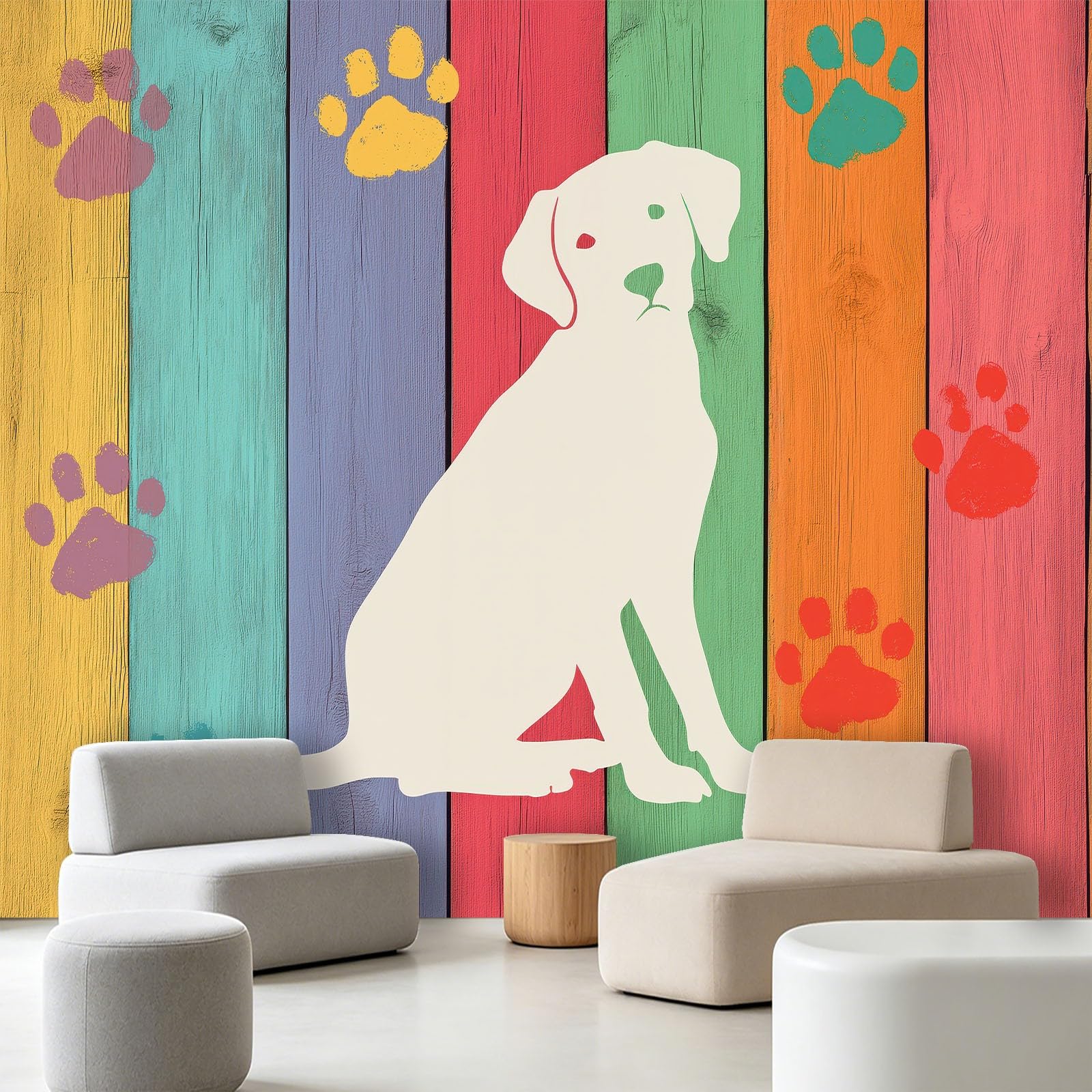 Carta da parati fotografica con animali, semplice, 200 x 140 cm (larghezza x altezza), in tessuto non tessuto, decorazione da parete, motivo: cane su tavola di legno, per camera da letto, soggiorno