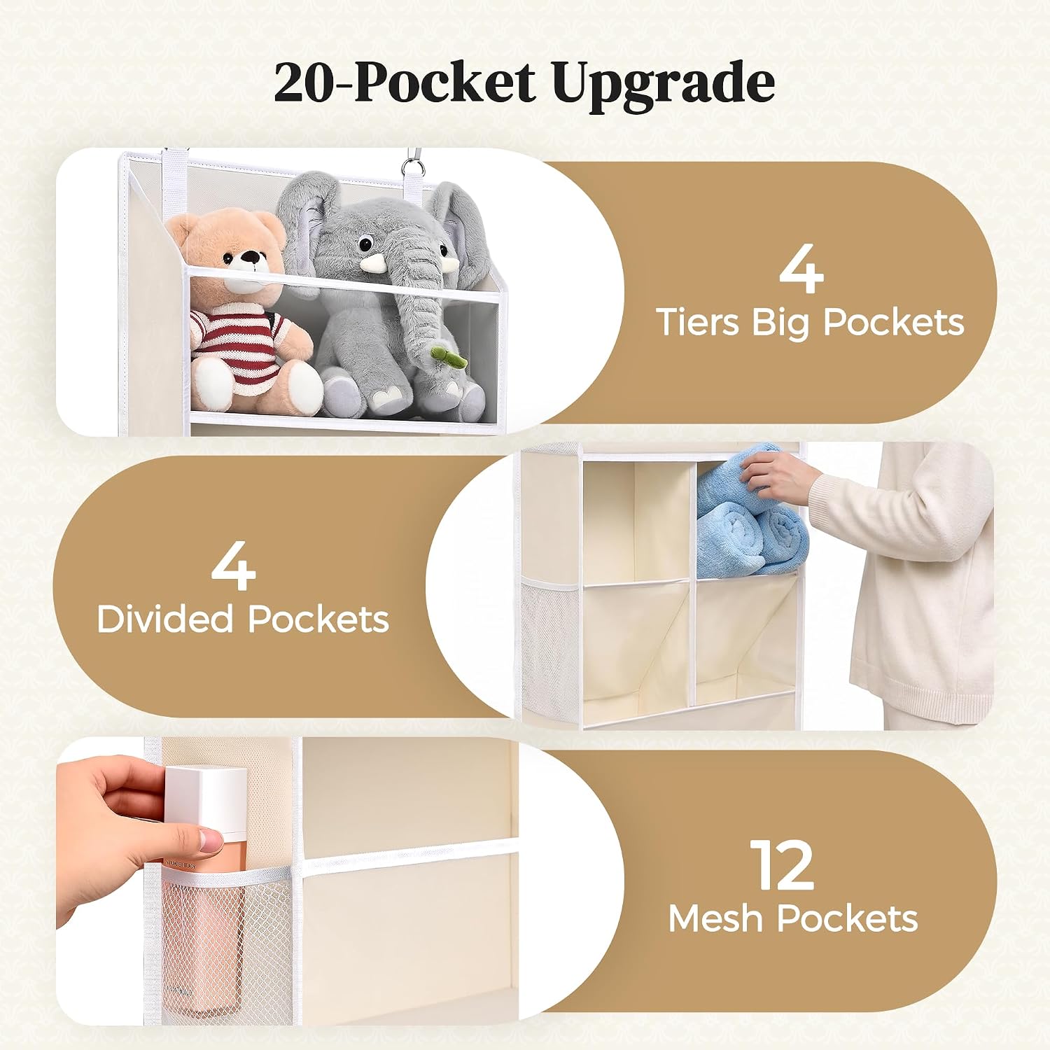 6-in-1 Over Door Hanging Organizer with 12 Mesh Pockets, 44 lbs Capacity, Warm Beige – Versatile Behind Door Storage for Baby Nursery, Newborn Essentials, Bedroom, Bathroom & Dorm