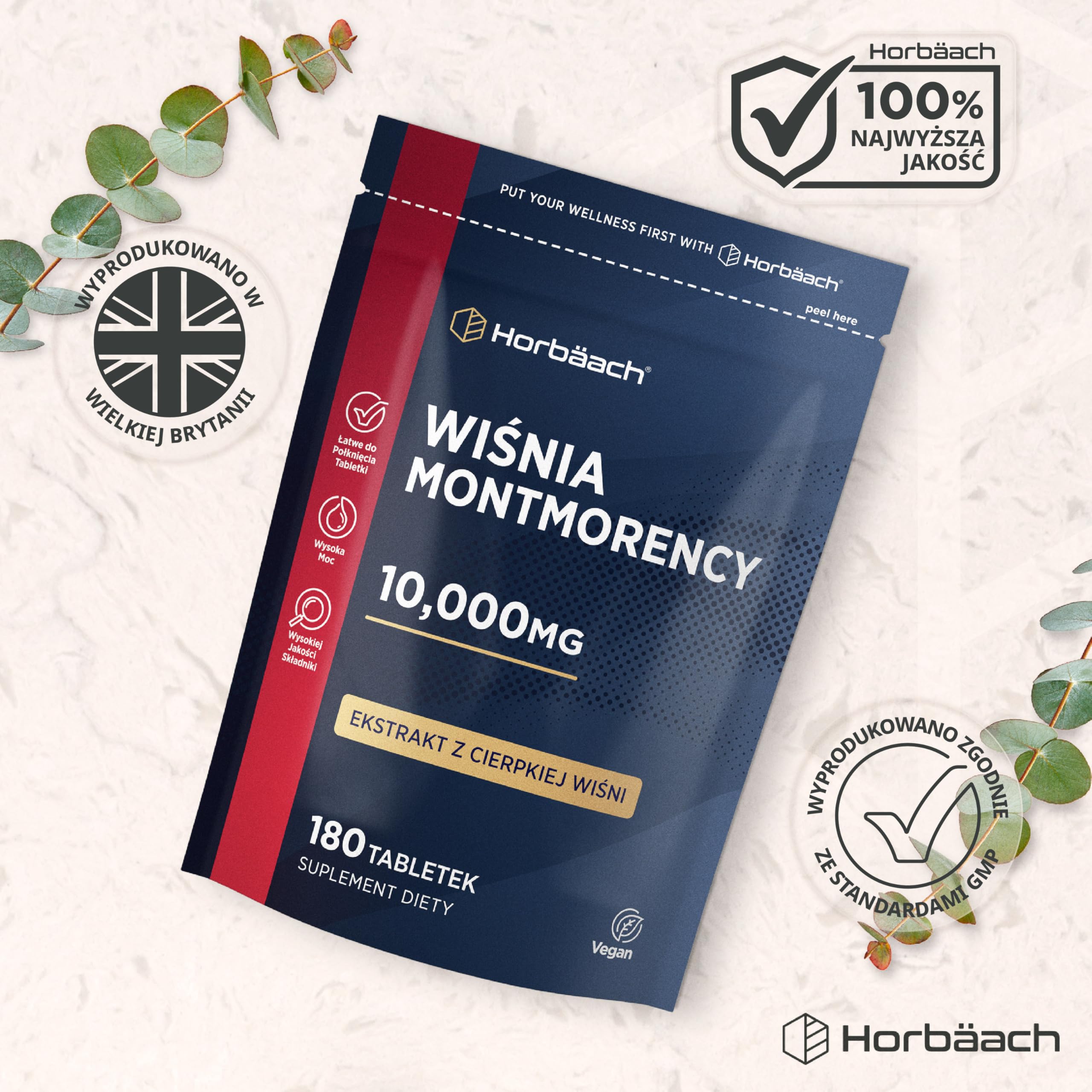Wiśnia Montmorency 10,000mg | 180 Tabletek - Zapas na 3 Miesiace | Naturalny Ekstrakt z Cierpkiej Wiśni 50:1 | Wysokie stężenie, koncentrat wegański | marki Horbaach