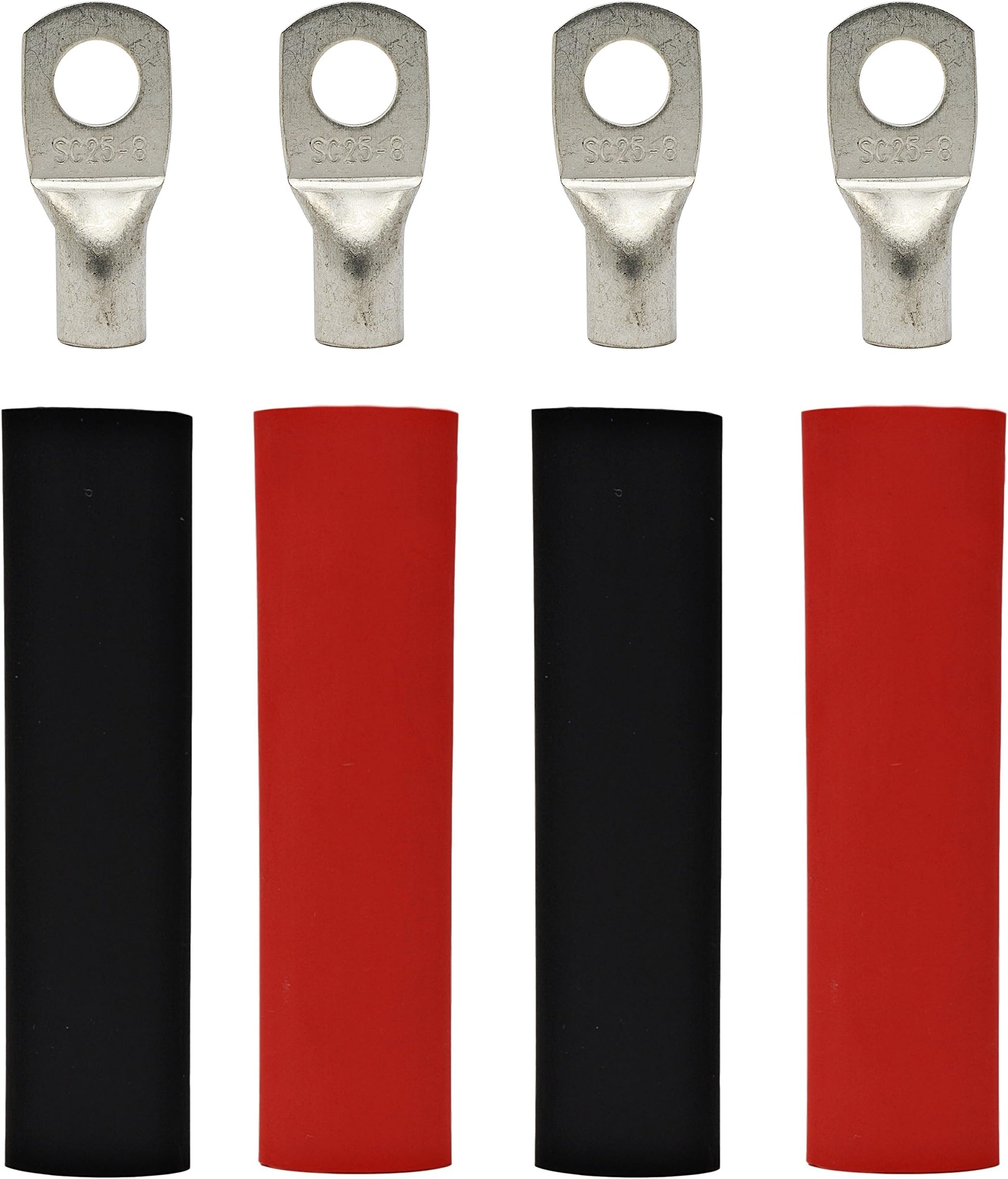 4 Pack - 4 Gauge - 5/16" Ring - Tinned Copper Marine Battery Welding Lug Terminal Connectors - Dual Wall Adhesive Heat Shrink Included