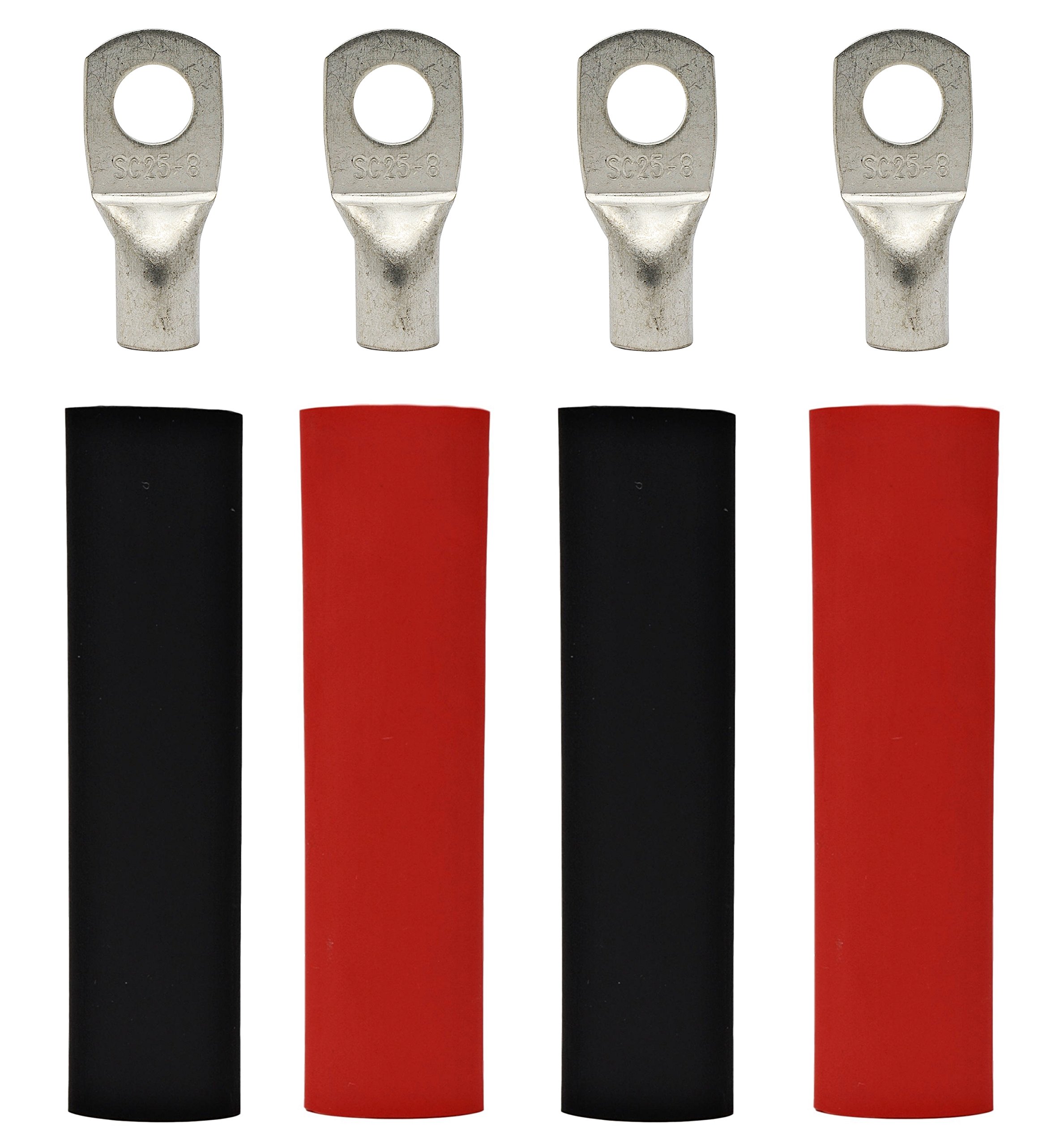 4 Pack - 4 Gauge - 5/16" Ring - Tinned Copper Marine Battery Welding Lug Terminal Connectors - Dual Wall Adhesive Heat Shrink Included