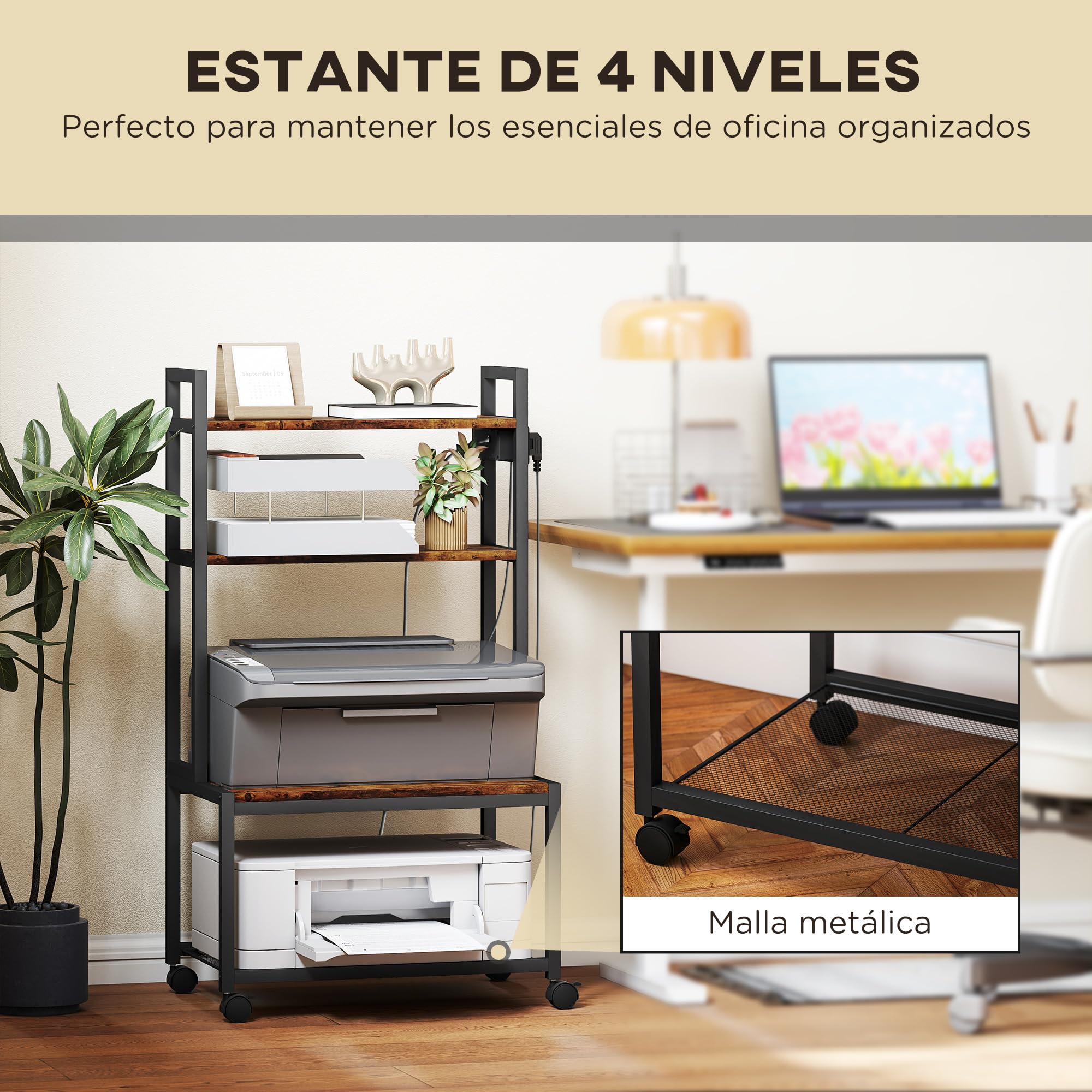 HOMCOM Soporte para Impresora con Estación de Carga Mueble para Impresora de 4 Niveles con Ruedas y Marco Metálico para Oficina Casa Escuela Marrón Rústico