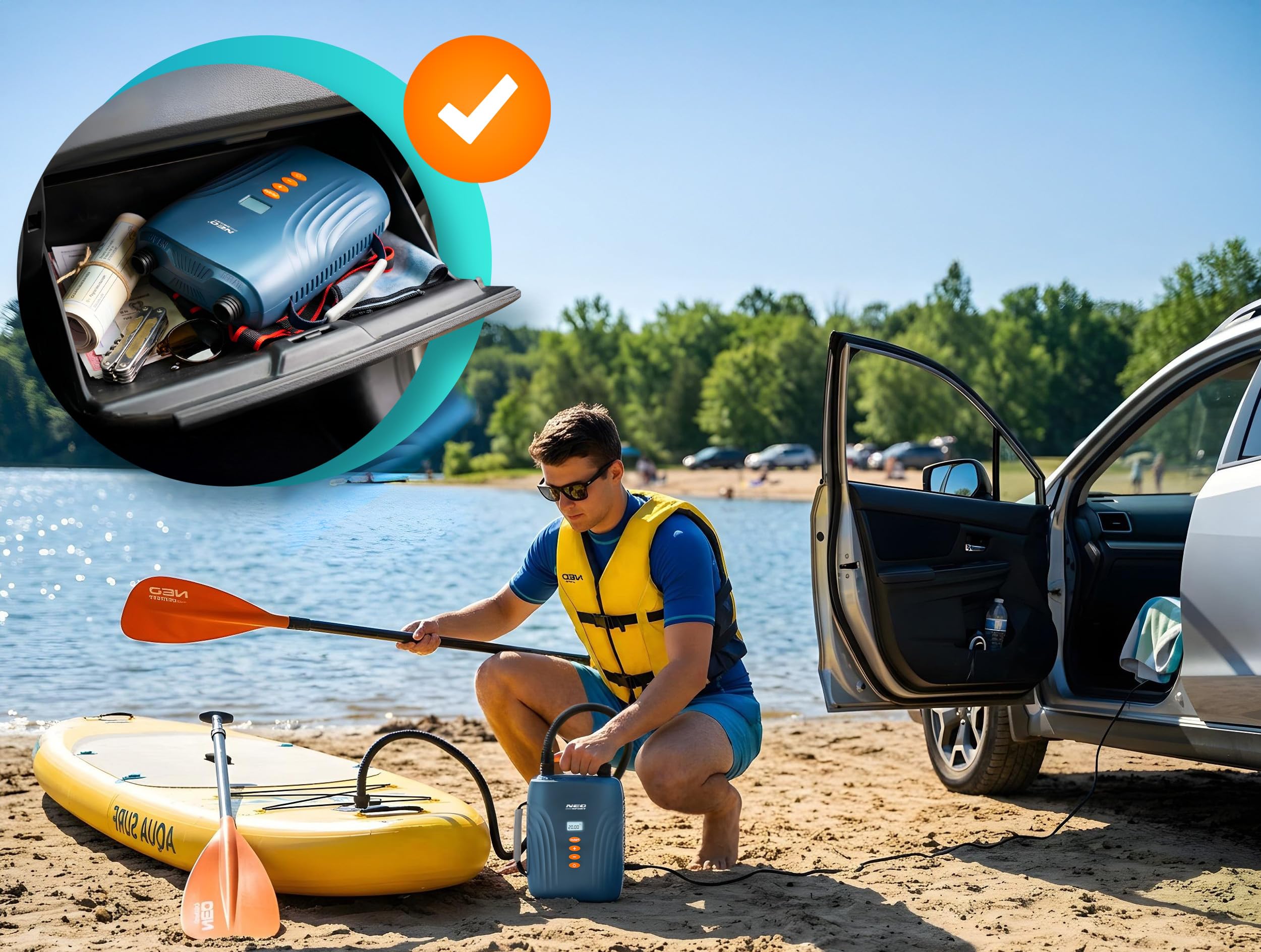 Neo-Sport Pompka Elektryczna do SUP i Materaca Turystycznego 12 V - 20 PSI Double Motor 6 Końcówek - Szybkie Pompowanie i Wypompowywanie Desek SUP Pontonów i Kajaków