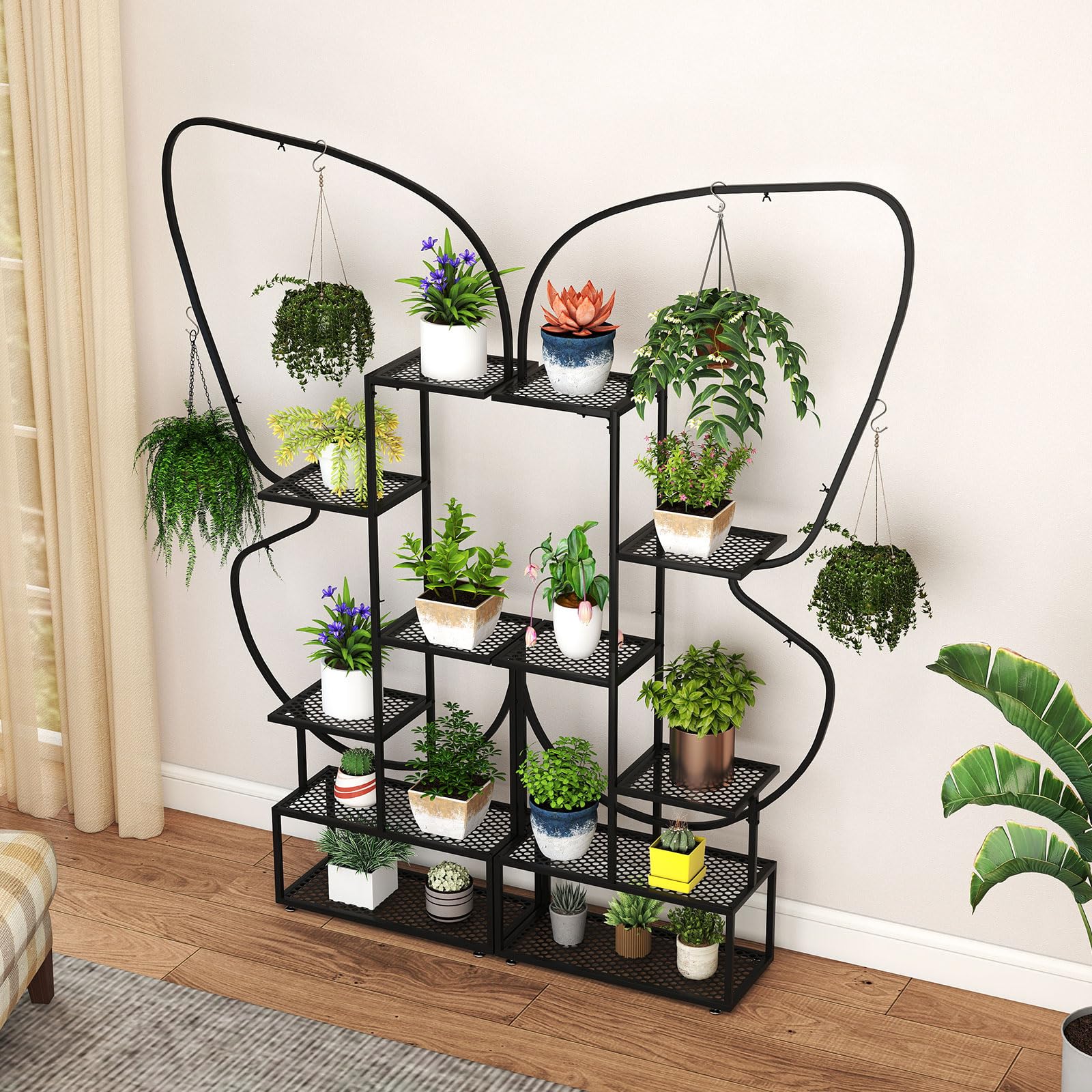 COSTWAY 6-stufiger Metall Pflanzenständer, schmetterlingsförmig, Blumenregal mit 4 Haken, Pflanzenregal Leiterregal, Pflanzenleiter Blumenständer, für Garten Balkon Wohnzimmer, 185 cm (Schwarz)