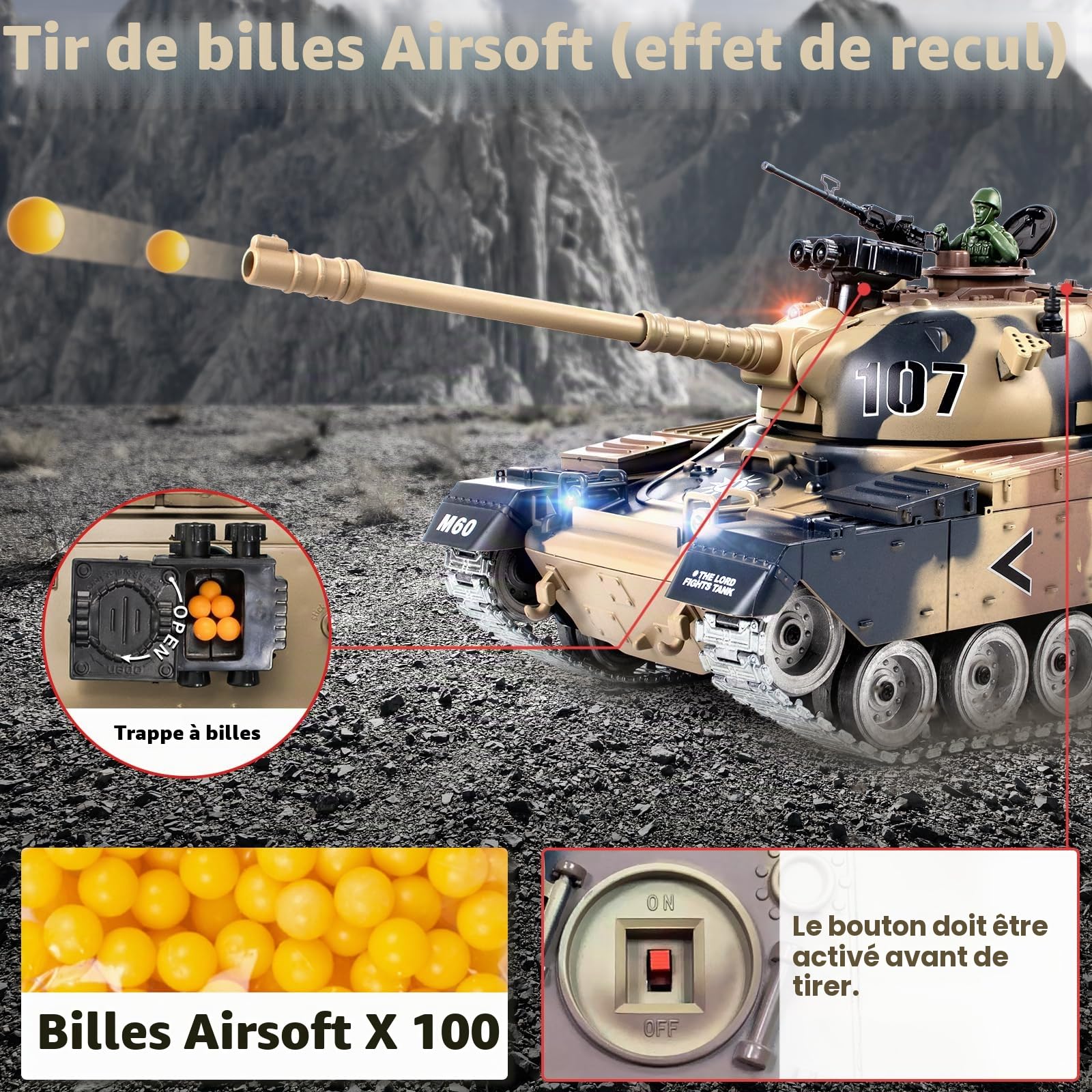 Tank Telecommande Leopard II 1:18, Tank Militaire Télécommandé Recul Réaliste, Effet Fumée, Lumières, Sons, Maquette Char de Combat avec Fonction de Tir Billes, Véhicule Armée Enfants et Adultes