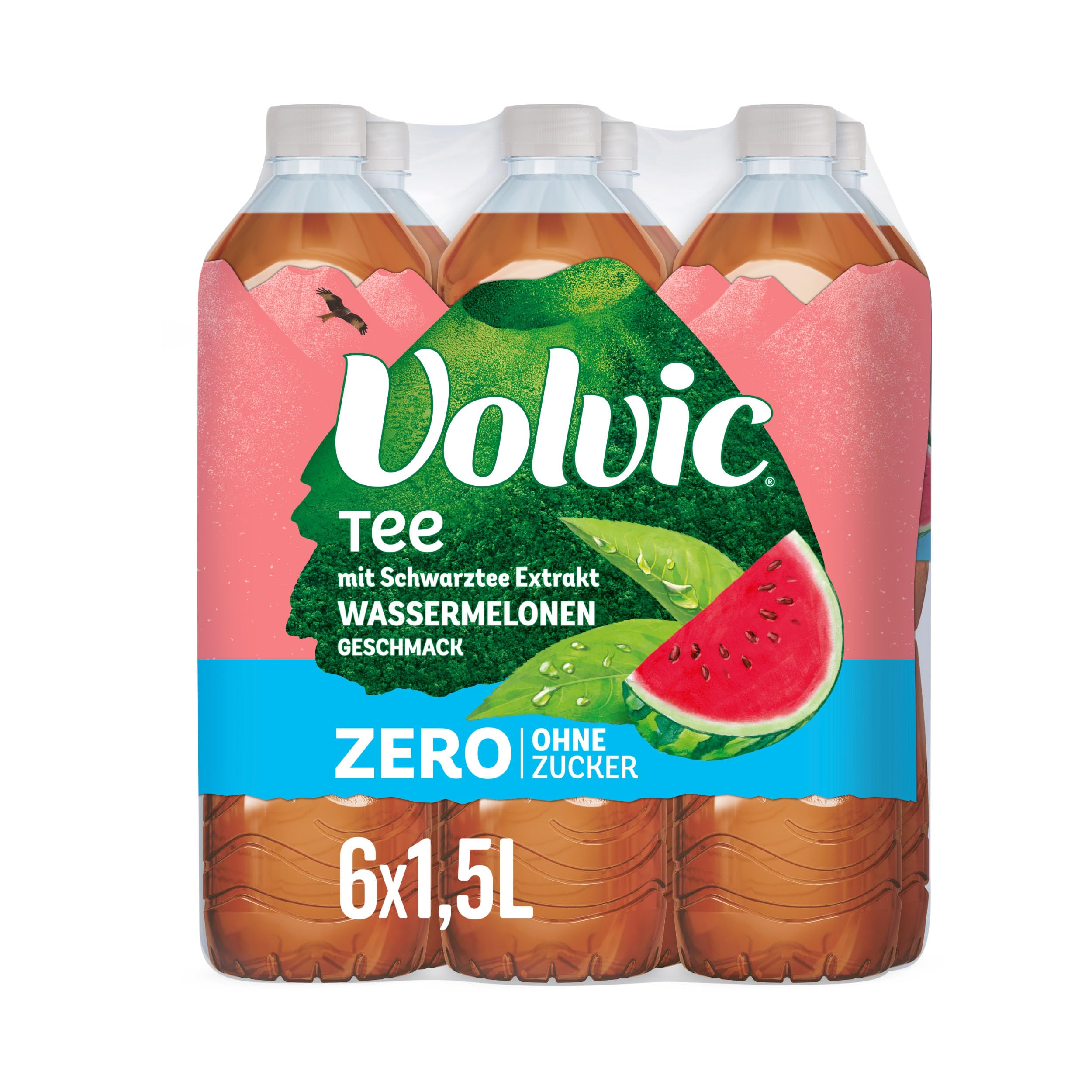 Volvic Tee Zero Wassermelonengeschmack – Erfrischungsgetränk aus Schwarztee-Extrakt mit Wassermelonengeschmack – Ohne Zucker, Kalorien und Konservierungsstoffe – 6 x 1,5 l