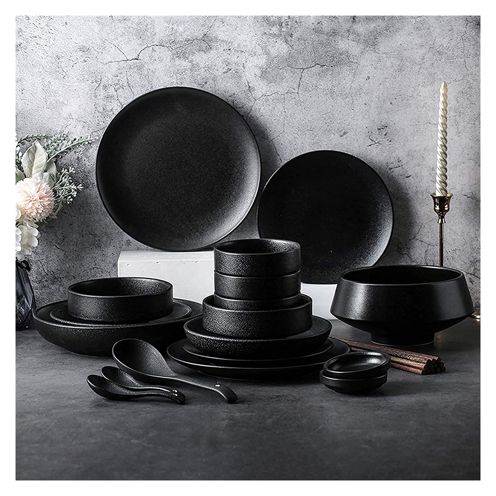 ZHANGM Elegant Dinnerware Set Dinner Plates Bowls Set Ceramics Dinner Sets, 46 Pieces Black Glaze Cereal Bowl and Steak Plate Set | Porcelain Dinnerware Set for Family Gathering and Restaurant