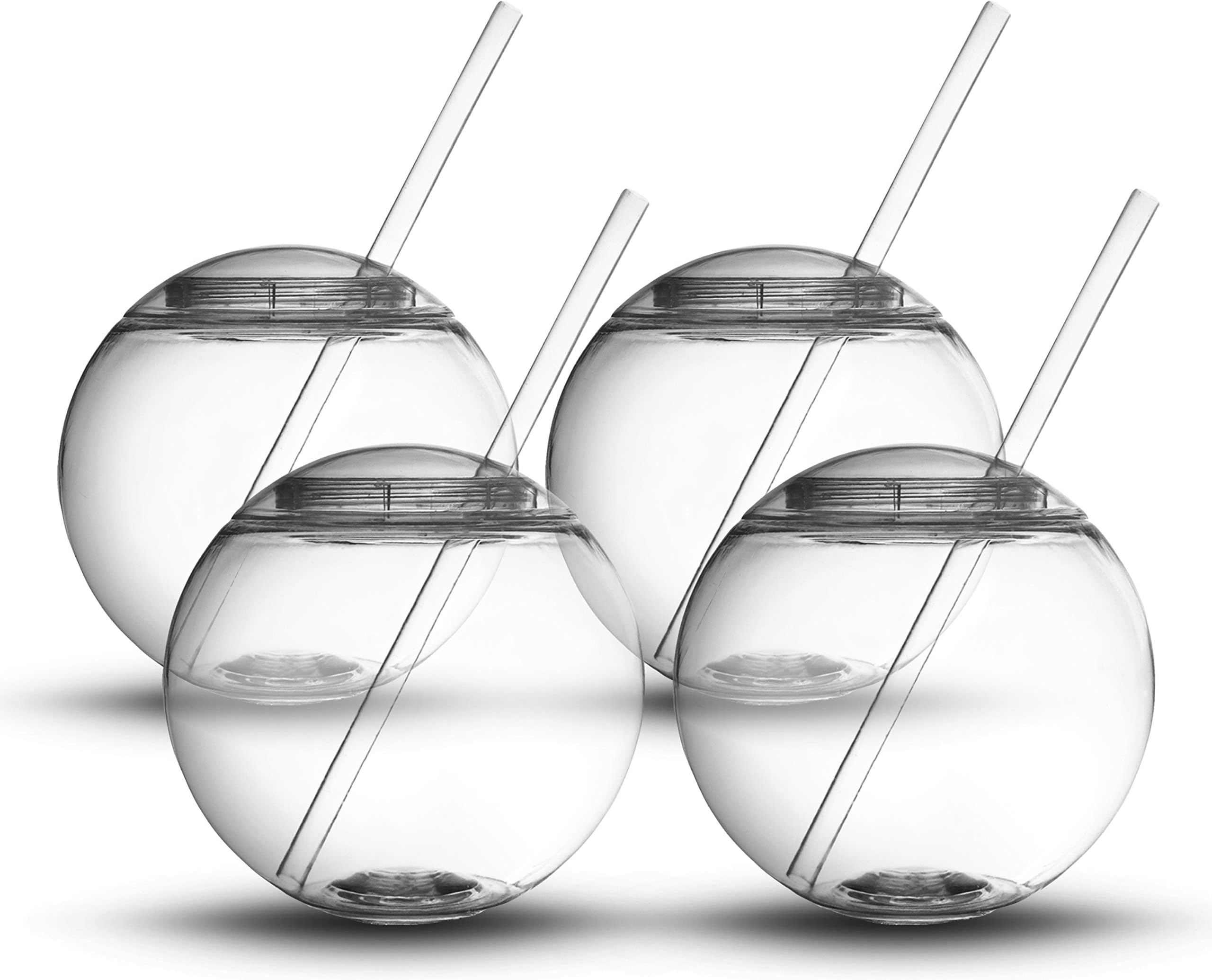 Fish Bowl for Drinks - Sphere Shaped Durable Drinking Party Cups with Cover, 4-Pack (22 oz) - Fun, Unique Design Sits Flat, 4 Straws Included - Great for Dinner and Cocktail Parties and Outdoor Use