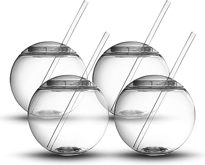 Fishbowl / Sphere Shaped Reusable Drinking Party Cups, 4-Pack (22 oz) - Fun, Unique Design Sits Flat, 4 Straws Included - ...