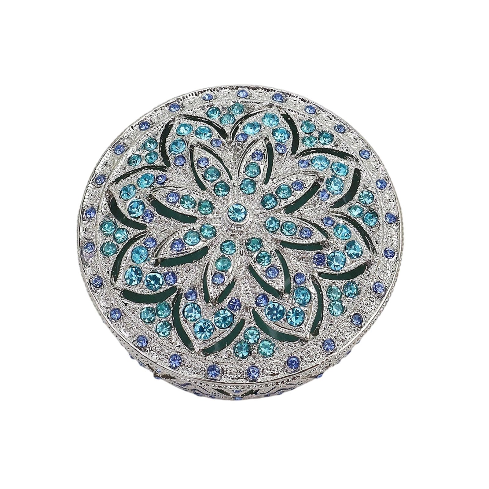 Asukohu Compact Jewelry Box Metal Floral Case, Decorative Round Trinket Organizer for Dresser, Shelf, and Travel Storage Use Trinket Holder Small Earring Box Container Vanity Case Accessory Holder