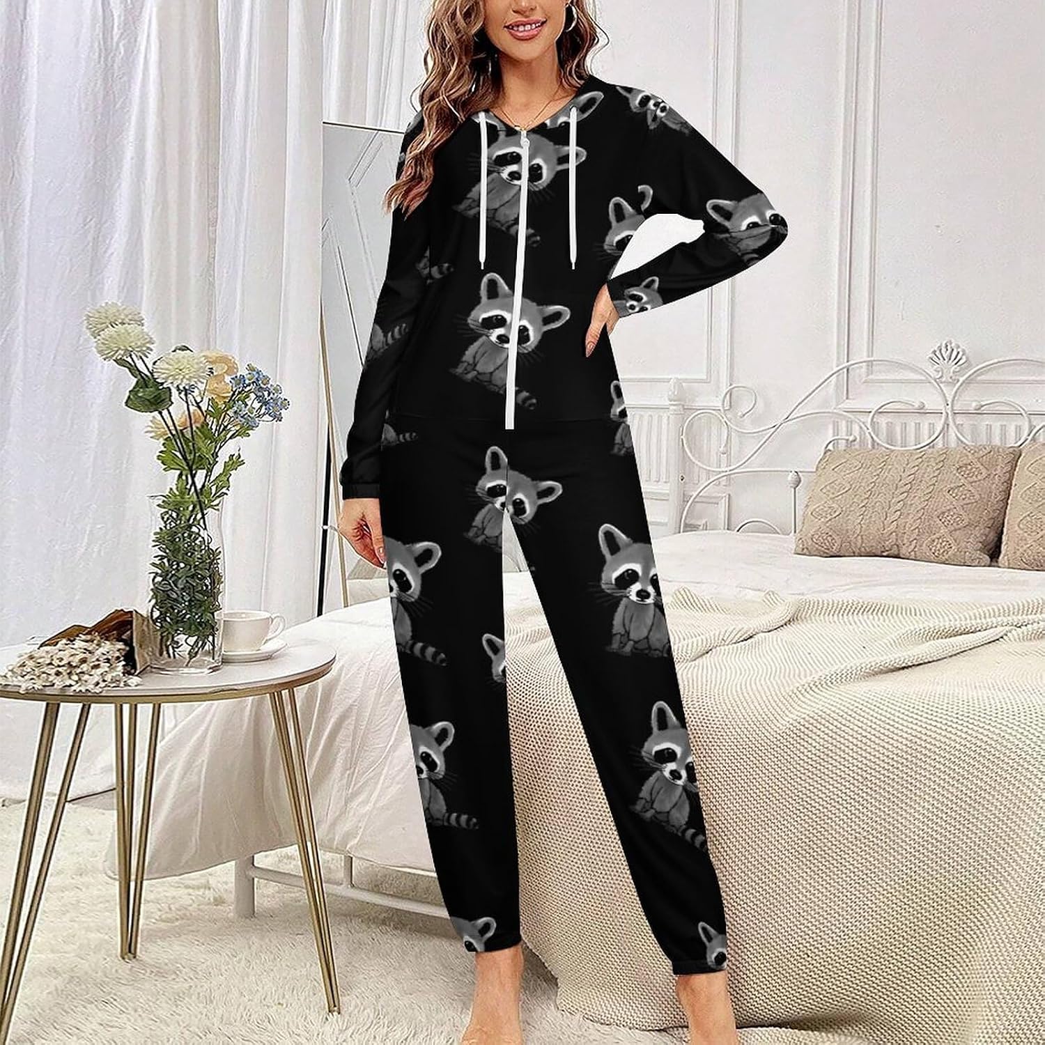 Cute Raccoon Adult Pajamas Onesie with Hood Pocket Jumpsuits One Piece Sleepwear