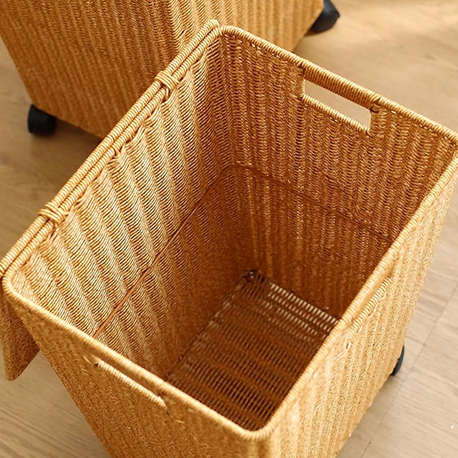 Cesto portabiancheria con ruote e coperchio, cestino intrecciato in finto rattan per soggiorno, bagno, camera da letto e balcone, facile da spostare e organizzare
