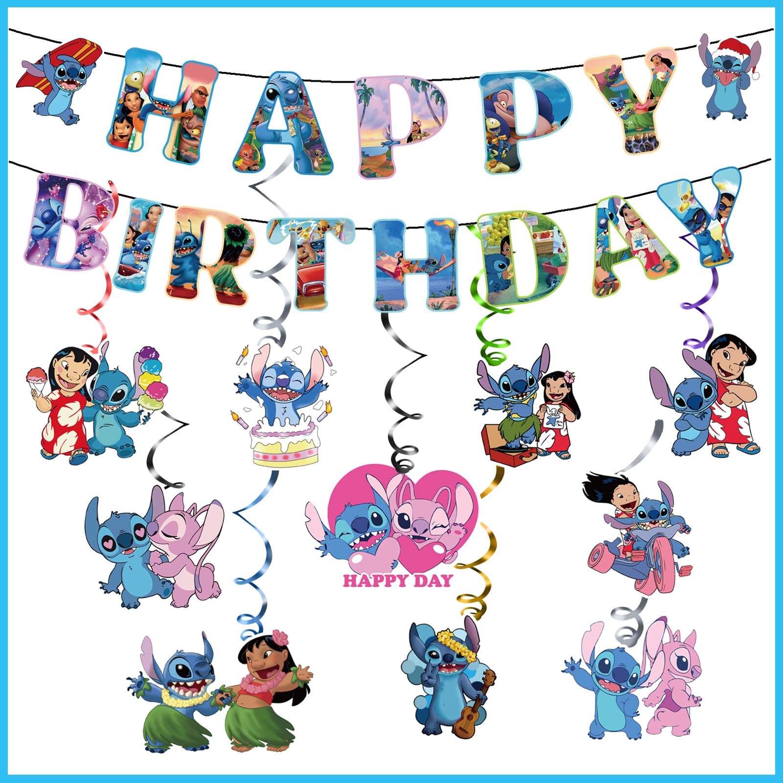 Cartoon Stitch Party Supplies Happy Birthday Banner,Lilo Stitch birthday decorations Banners and 12 Hanging Swirls for Kid, Boys and Girls Party Decorations