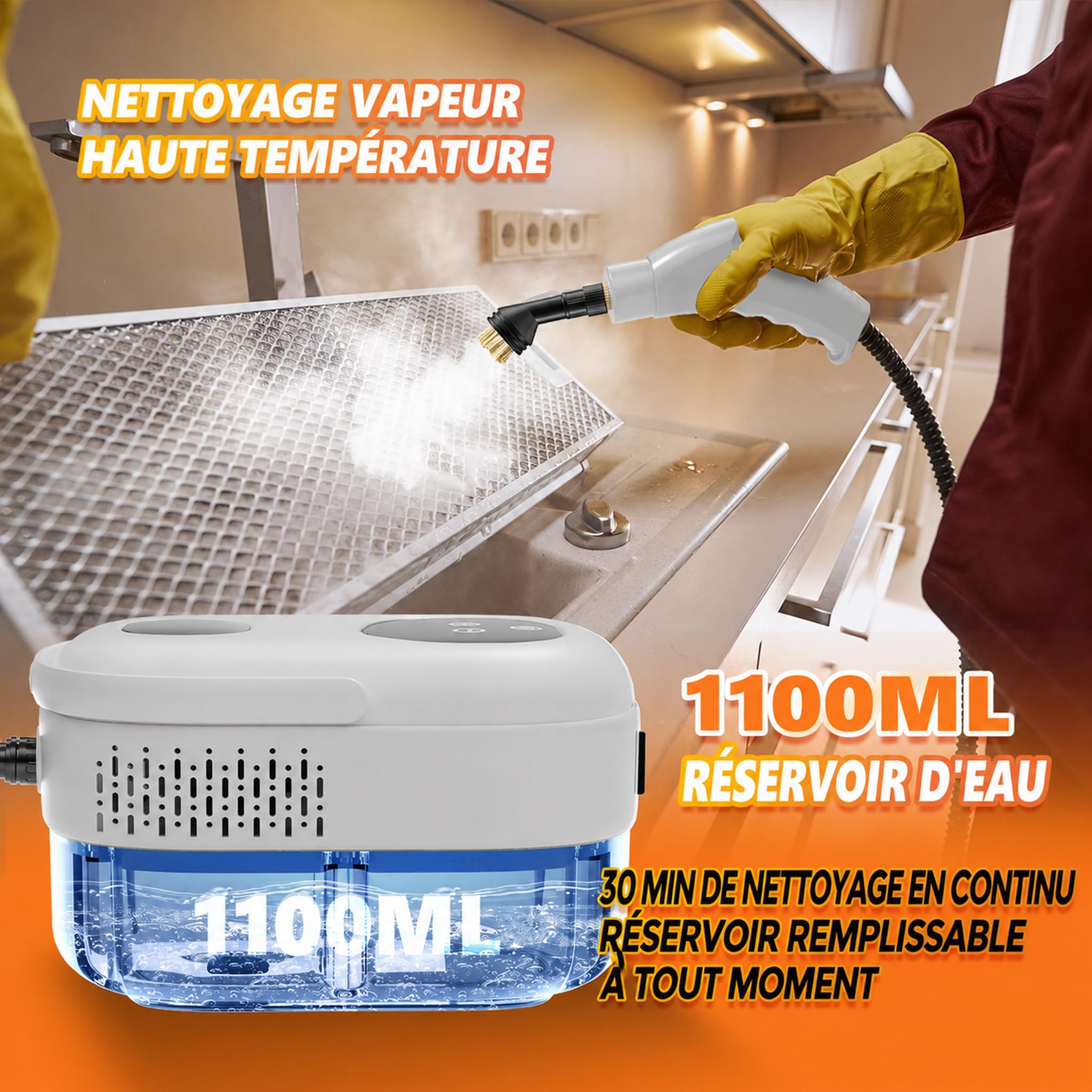 Nettoyeur Vapeur à Main, Haute Pression, Réservoir d'Eau 1,1 L, Blanc