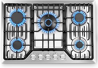 Amzgachfktch Gas Cooktop 30 Inch with 5 Italy SABAF Powerful Burners, Max 48,300 BTU/hr Gas Stove Top, Built-in 304 Stainless Steel Propane Stove, NG/LPG Convertible, CSA Certified