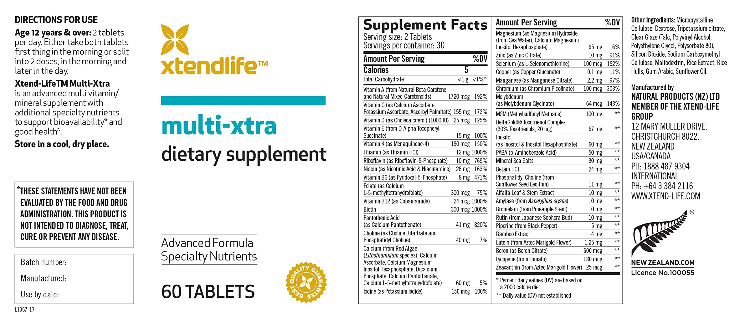 XtendLife, MultiXtra, Advanced Multivitamin & Mineral Supplement for