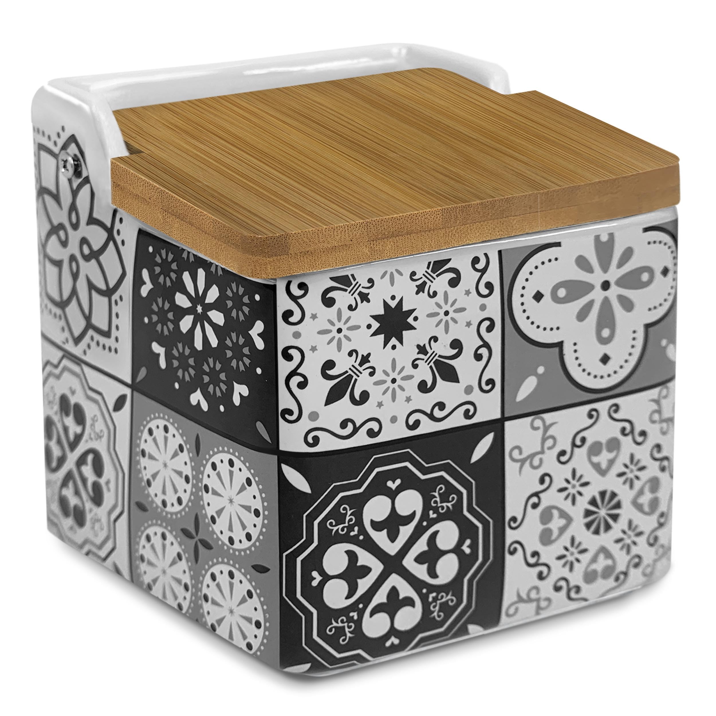 Saliera In Ceramica Con Coperchio In Bambù - Design Moderno, Nero Opaco, 12.2x12.2x11.5 Cm, Da Cucina - Foto 9