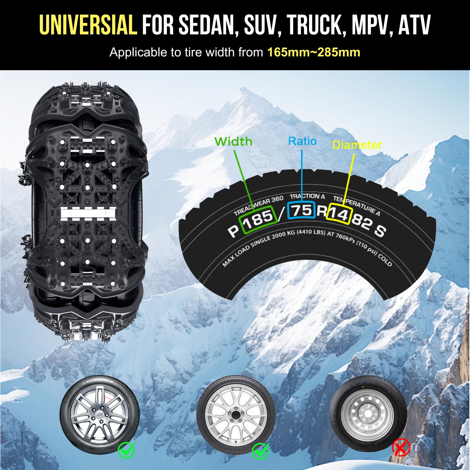 Catene da Neve Universali 6 Pezzi per Pneumatici 165-285 mm per PKW SUV LKW MPV ATV Installazione Rapida