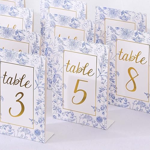 Miniatura 6 de Efavormart - Paquete de 25 números de mesa de boda de papel blanco y azul de doble cara con impresión de números florales y dorados, tarjetas de