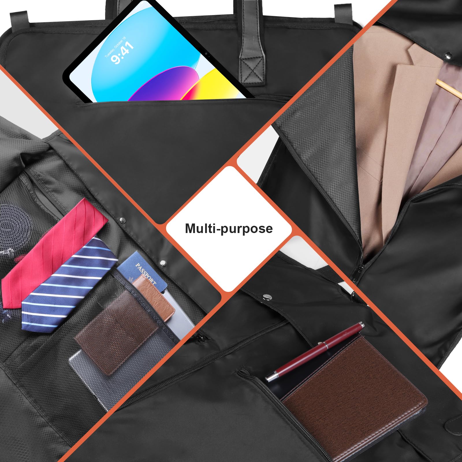 Univivi Kleidersäcke für Reisen, robuste Reisetasche für Damen und Herren, faltbare Kleidersäcke zum Aufhängen von Kleidung mit 5 Reißverschlusstaschen für Anzüge, Mäntel, Hemden, kurzes Kleid, 109,2