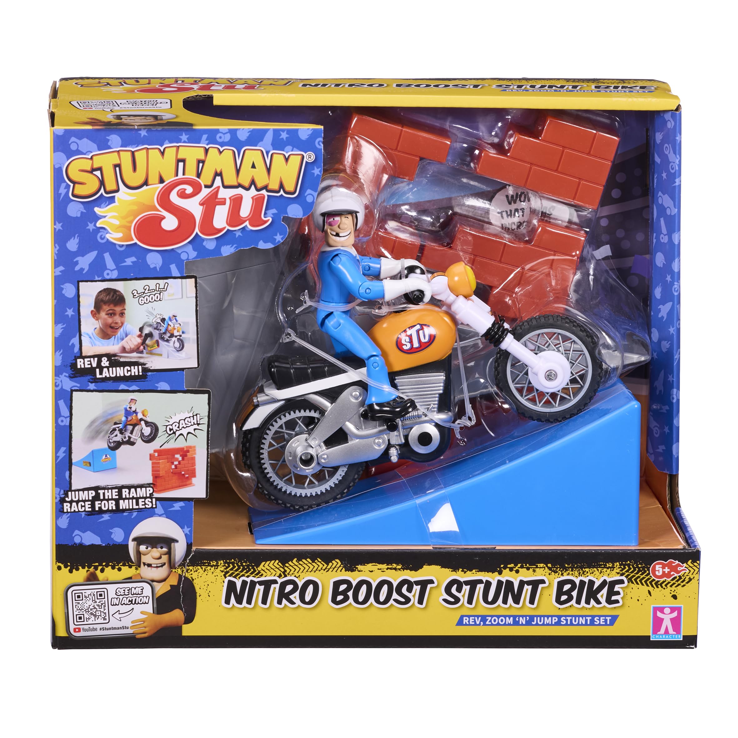 Stuntman Stu Nitro Boost Stunt Bike Rev and zoom wind up bike with launch ramp jump ramp and break apart wall toys Stunt toys
