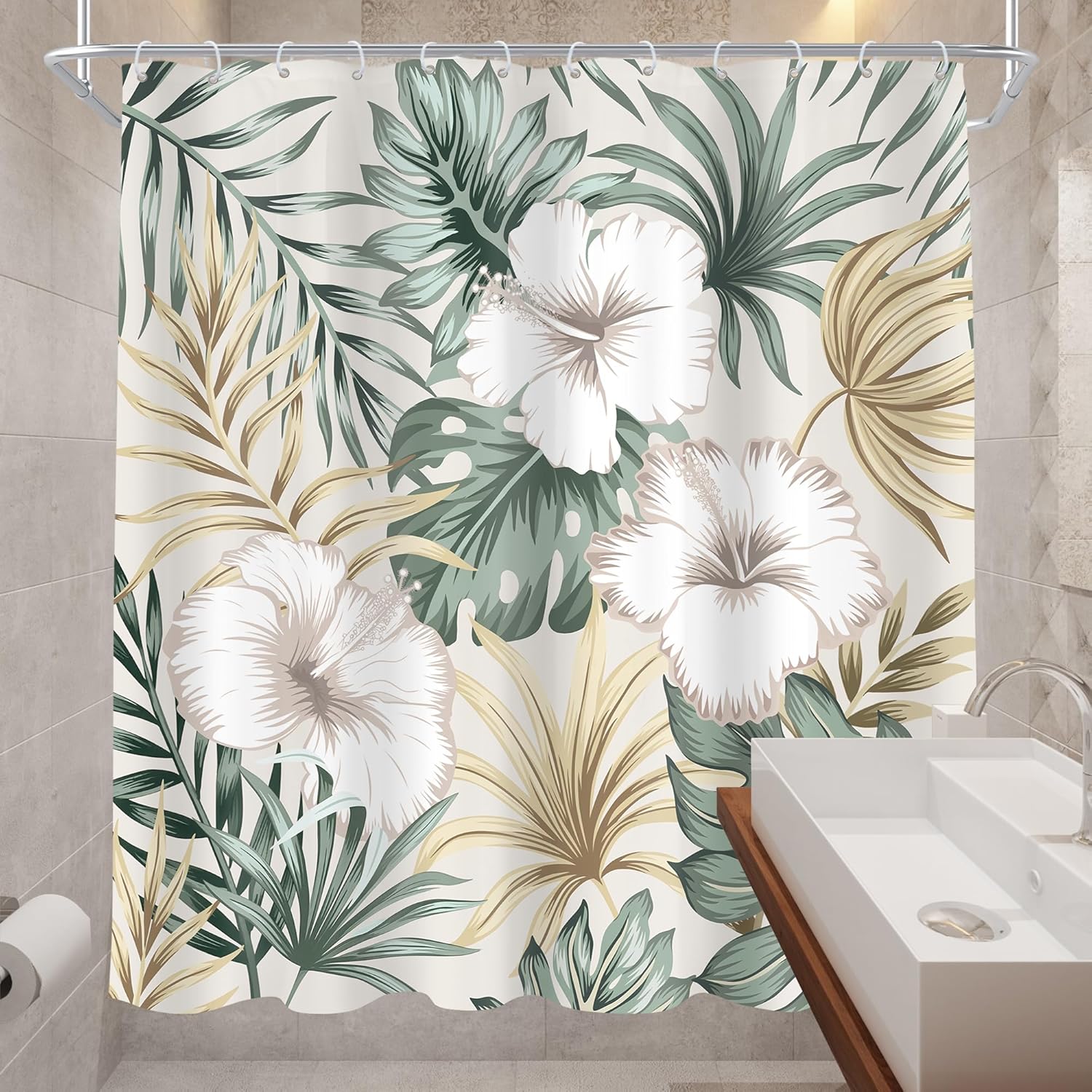 Cinbloo Tropical Leaf 72Wx72H Shower Curtain Sage Green Palm Tree Beige Flower Floral Plant Boho Leaves Banana Monstera Botanical Bathroom Curtain Set Natural Bath Bathroom Accessories Decor