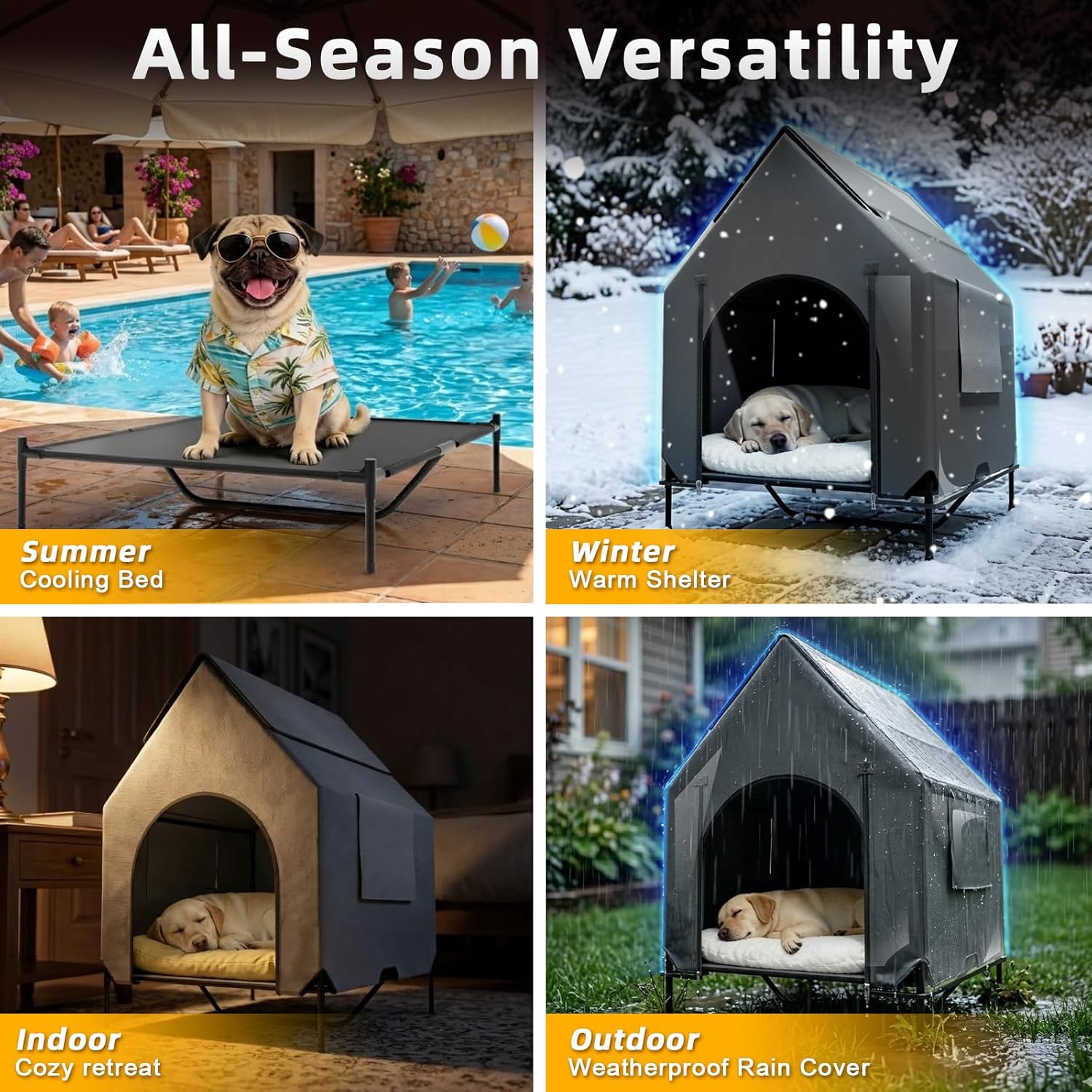 36" Large Dog House with Rain Cover – Weatherproof Elevated Outdoor Pet Shelter, Breathable Mesh & Reinforced Steel Frame, Easy to Assemble & Clean, All-Season Large Dog Houses (Grey)
