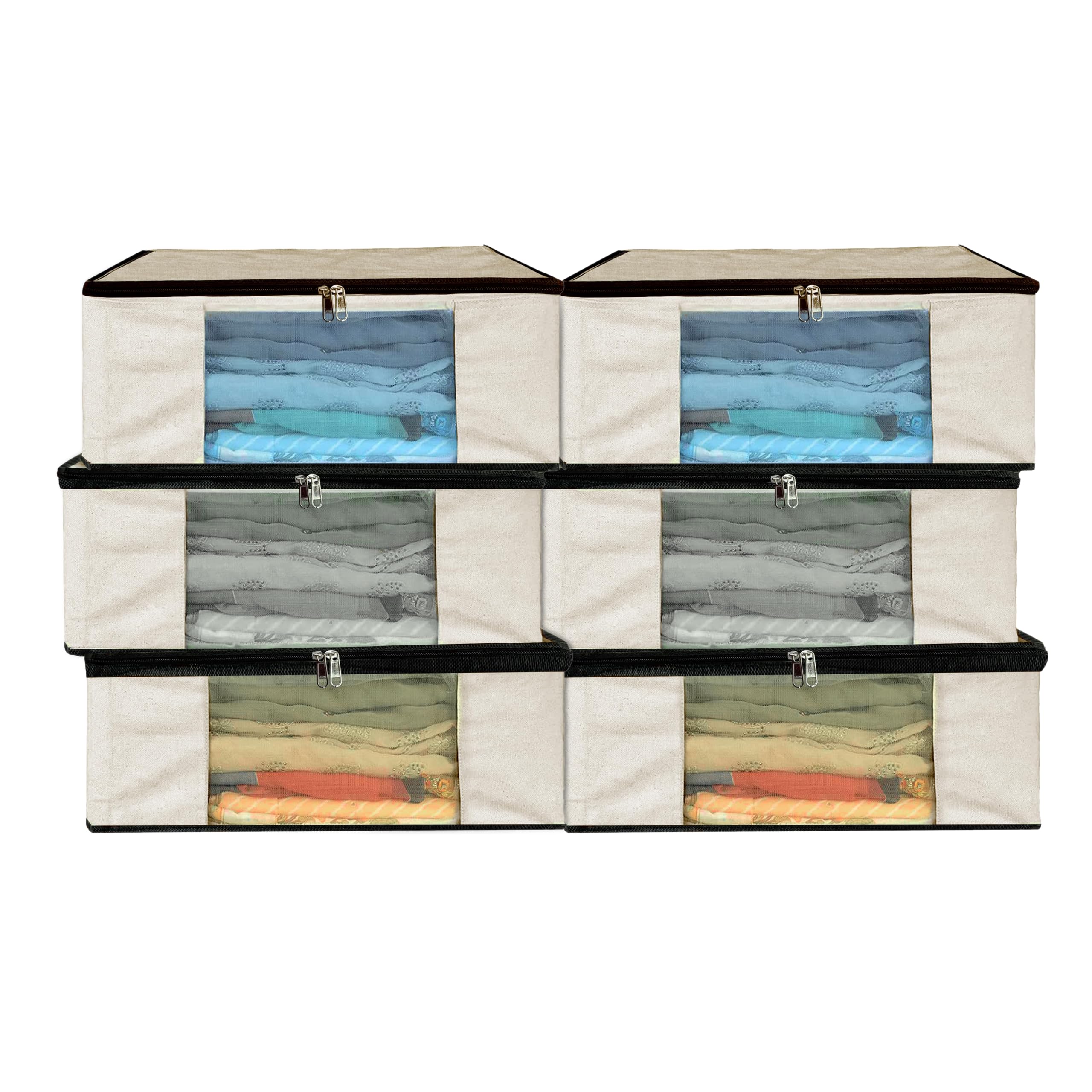 Storite 6 Pack Cotton Canvas Clothes Storage Bags/Saree Bags Covers | with Zip for Storage Specially Design for Woman Dresses, Sarees, Lehengas for Wardrobe Organizer (42.2cm x 36cm x 20cm) Beige