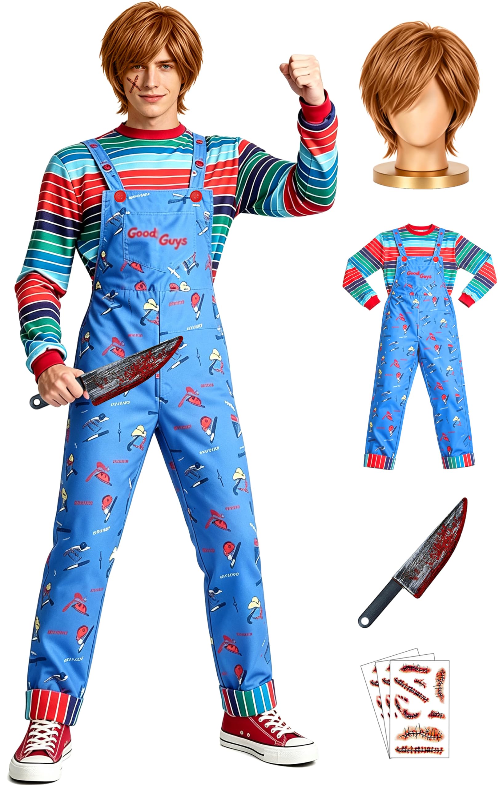 6 Sizes/Chucky Wig/Costume/Fake Knife/Tattoos Chucky Costume for Men Women