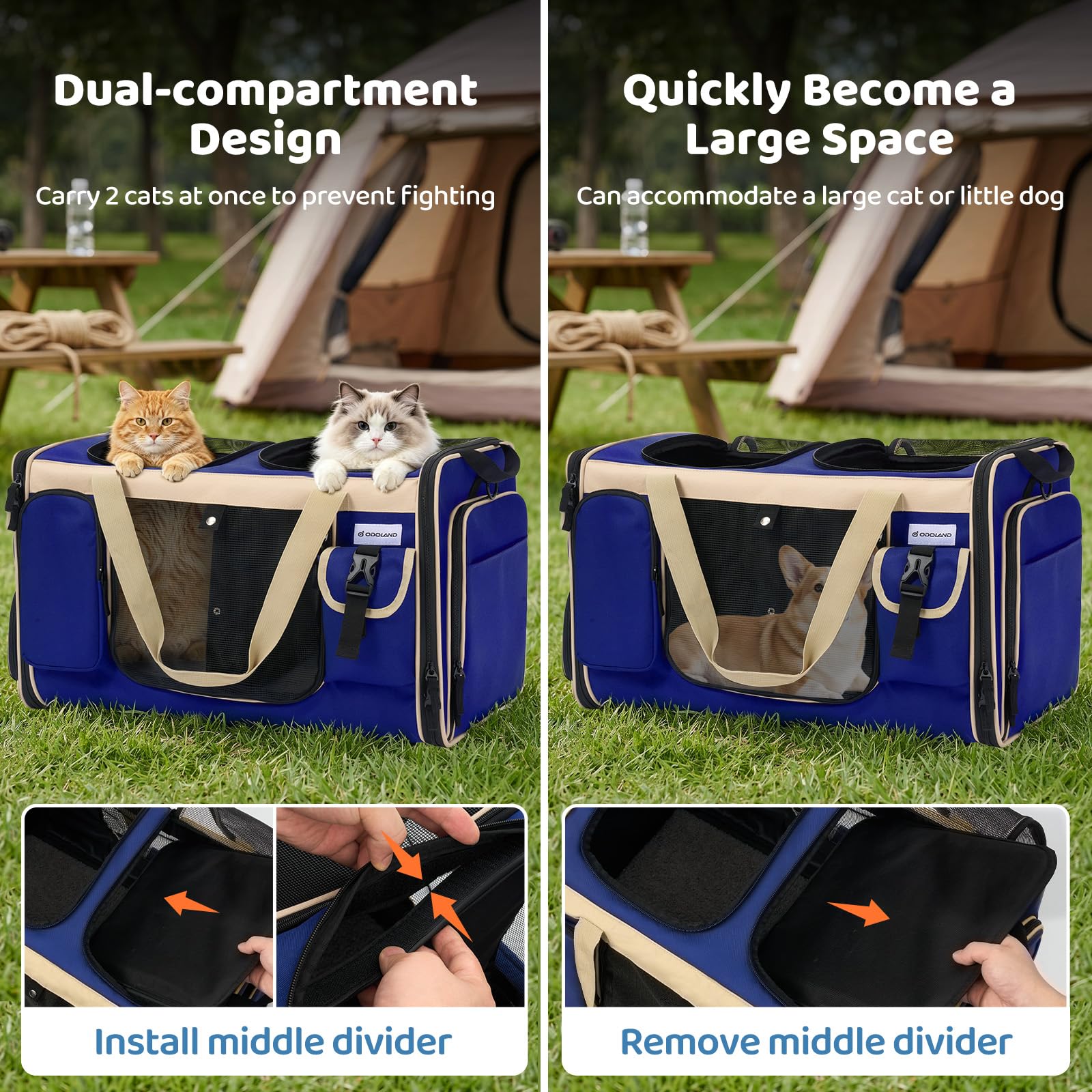 Odoland Boîte de transport pour 2 chats - Pliable et extensible - Sac de transport respirant avec bandoulière et bac à litière - Idéal pour les voyages, la voiture - Bleu