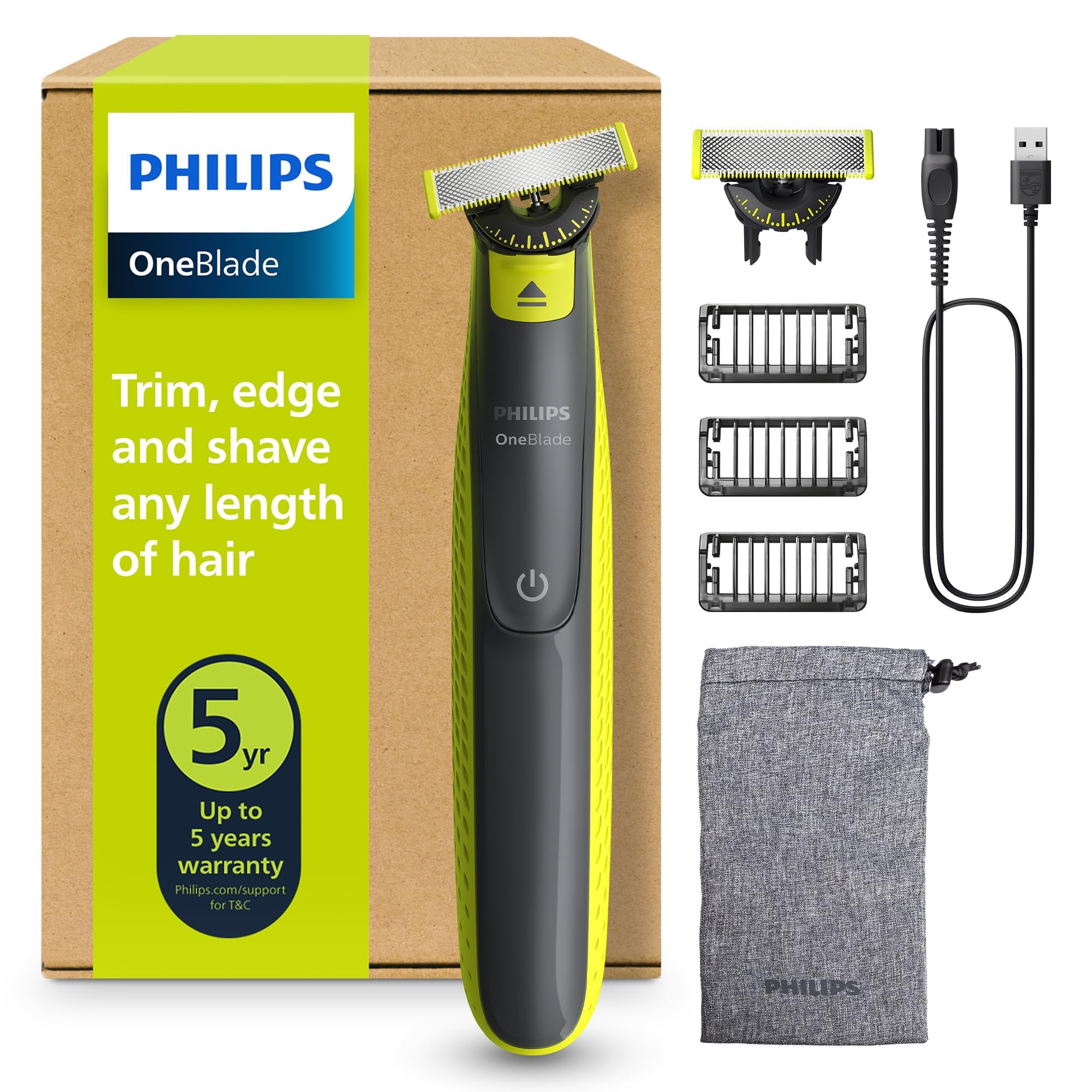 PHILIPS OneBlade 360 Face - elektrischer Rasierer & Trimmer, 2x 360 Klingen, 3x Trimmaufsätze (1/3/5mm), Nass- & Trockenrasur, Akku-USB, fürs Gesicht (QP2724/31)