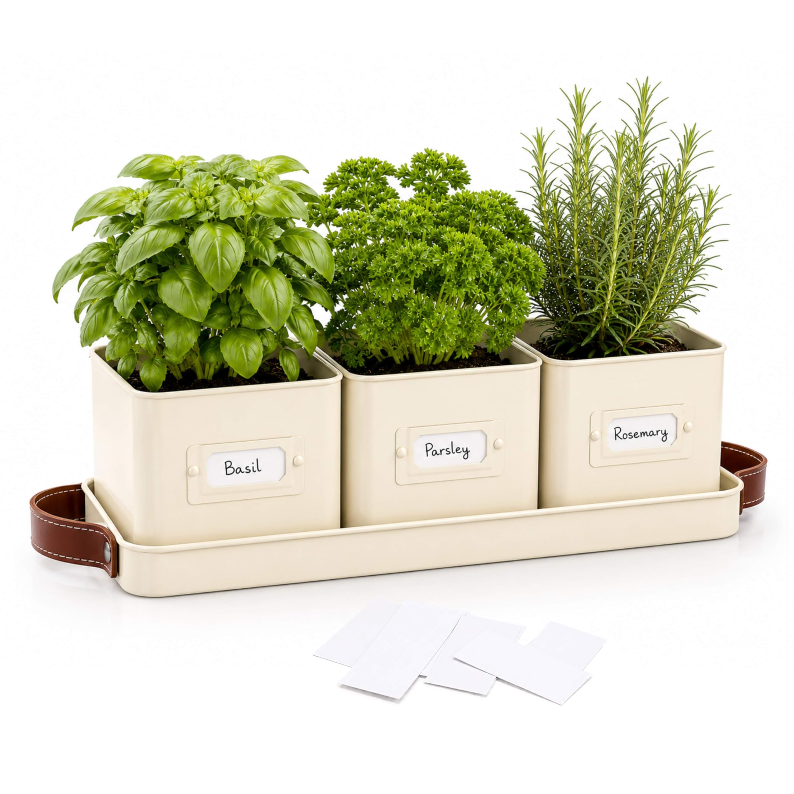 ADEPTNA 3 Pot Metal Herb Planter Set with Tray & Label Holders Indoor Outdoor Herb Kitchen Windowsill Garden Patio Herb Plant Pots with Handles for Basil Parsley Rosemary Includes Labels (WARM STONE)
