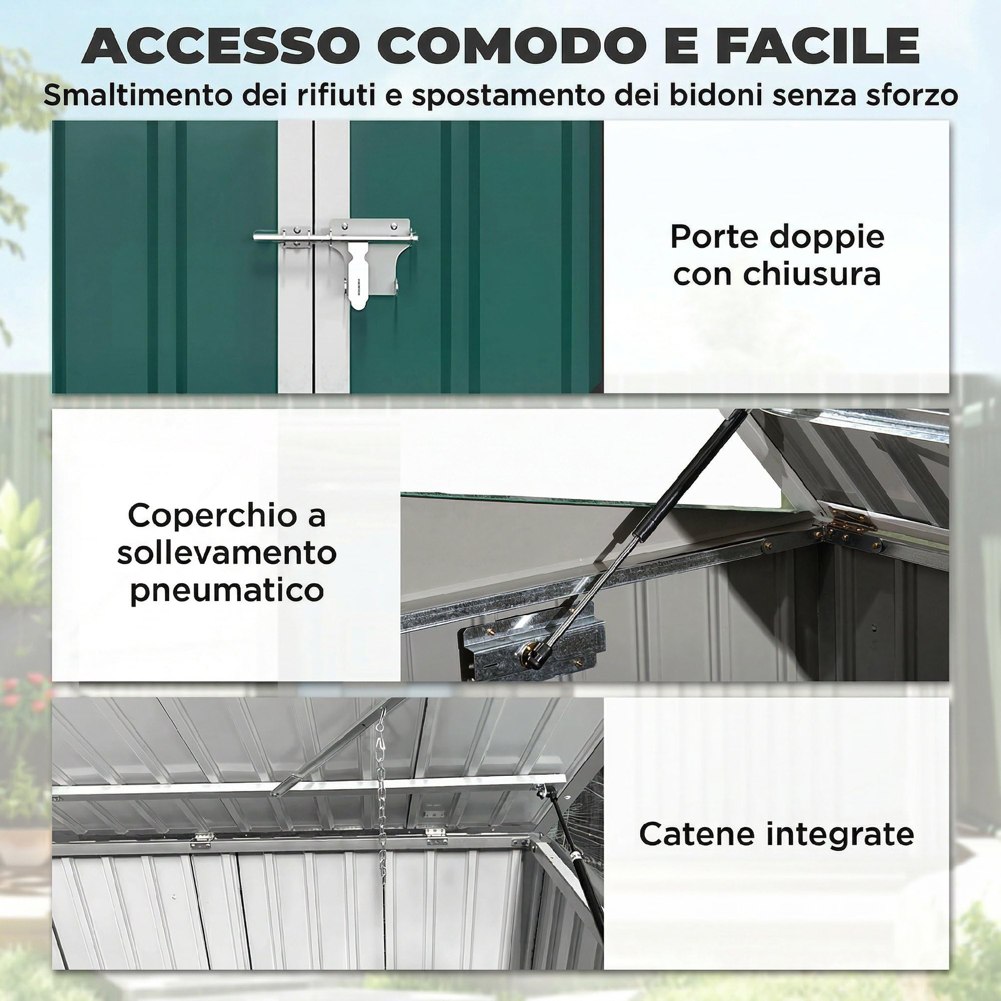 Outsunny Casetta per Spazzatura Esterna 1.91m² in Acciaio Zincato con 2 Porte Bloccabili, Contenitore per Bidoni Rifiuti con Tetto Apribile Prese d'aria, Capanno da Giardino per 2 Bidoni, Verde - 4