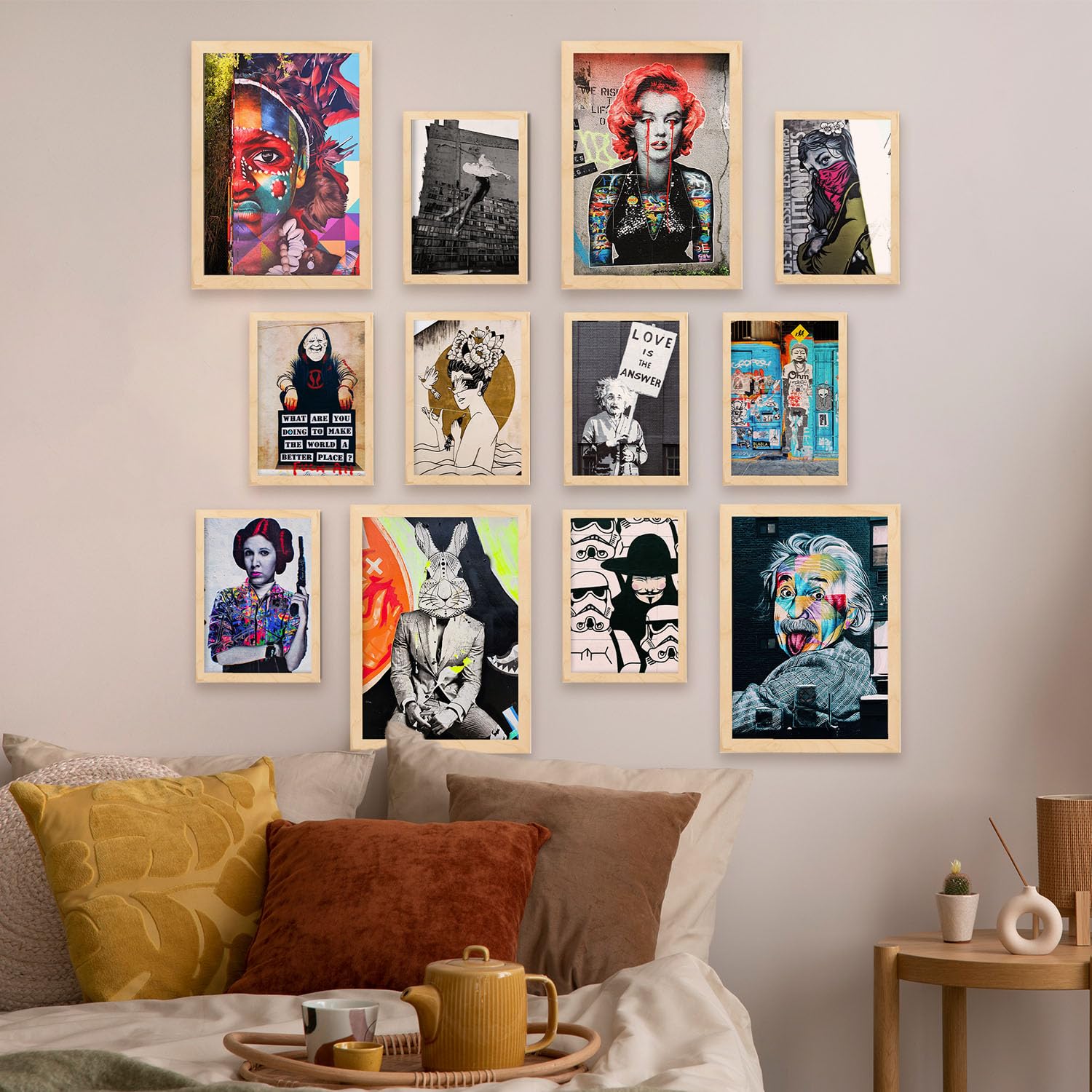 Nacnic Fusione Artistica: Set di 12-4 stampe Graffiti & Fotografia A3 e 8 stampe A4 in cornici di legno chiaro Poster d'arte per decorare le pareti.